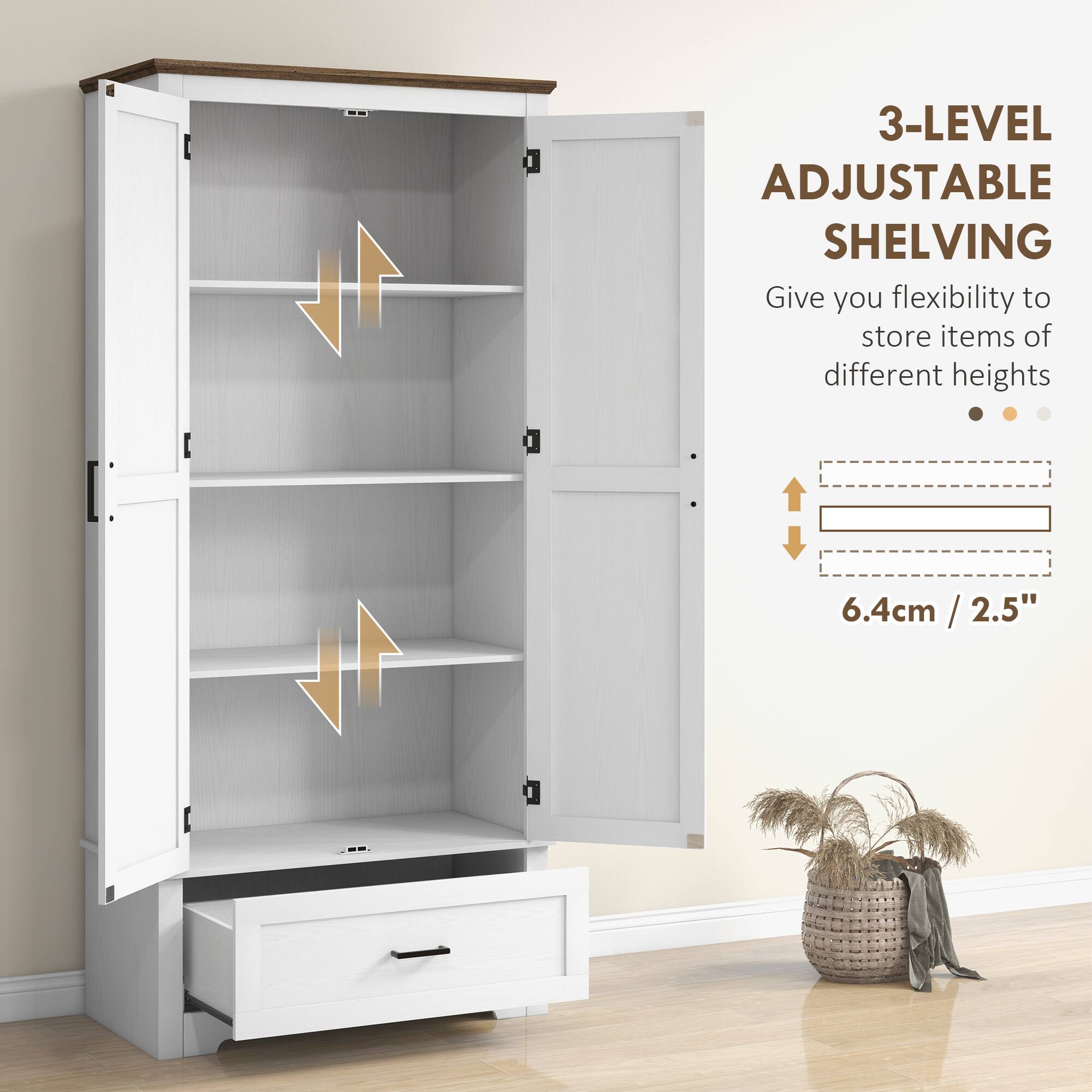 3-LEVEL ADJUSTABLE SHELVING, Give you flexibility to store items of different heights, 6.4cm / 2.5"
