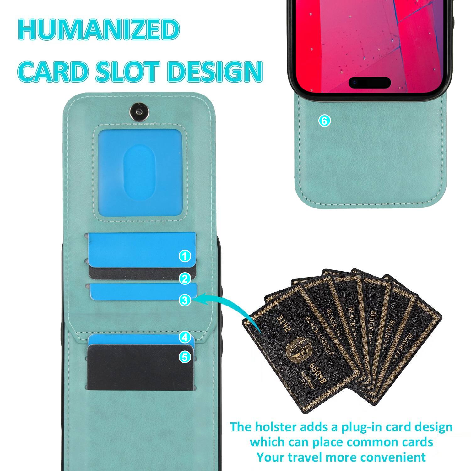 HUMANIZED CARD SLOT DESIGN

The holster adds a plug-in card design which can place common cards. Your travel more convenient