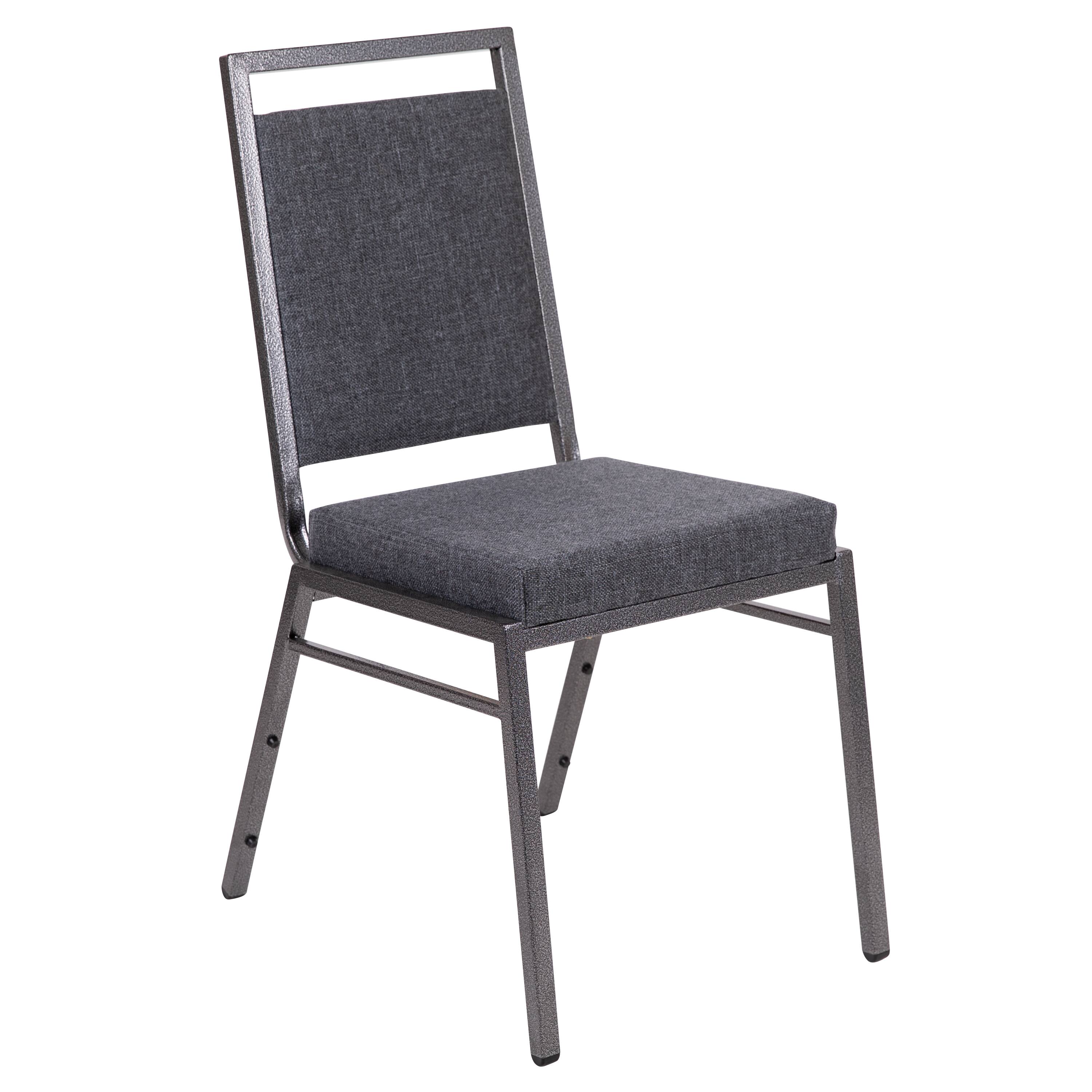 Front. Alamont Home - Hercules Square Back Banquet Stack Chair in Dark Gray Fabric - Wedding Party Event Chair - Dark Gray Fabric/Silver Vein Frame.