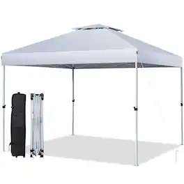 Kadyn - 2-Tier 10 x 10 Feet Pop-up Canopy Tent with Wheeled Carry Bag-White, Outdoor Gazebo Wedding Party Tent Canopy Tent