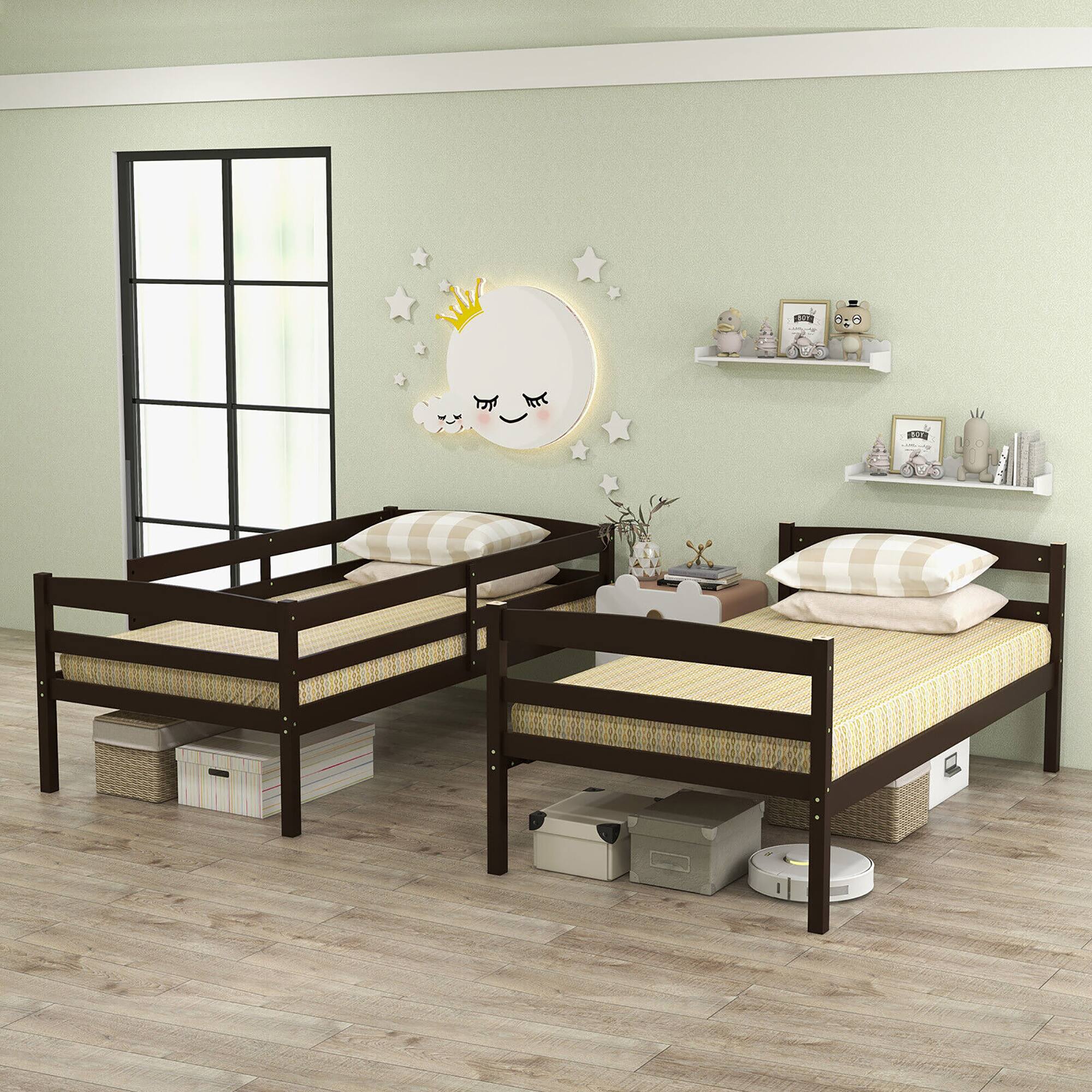 Alt View 3. Gymax - Gymax Twin Over Twin Bunk Bed Wooden Convertible Into 2 Beds High Guardrails Espresso - Espresso.