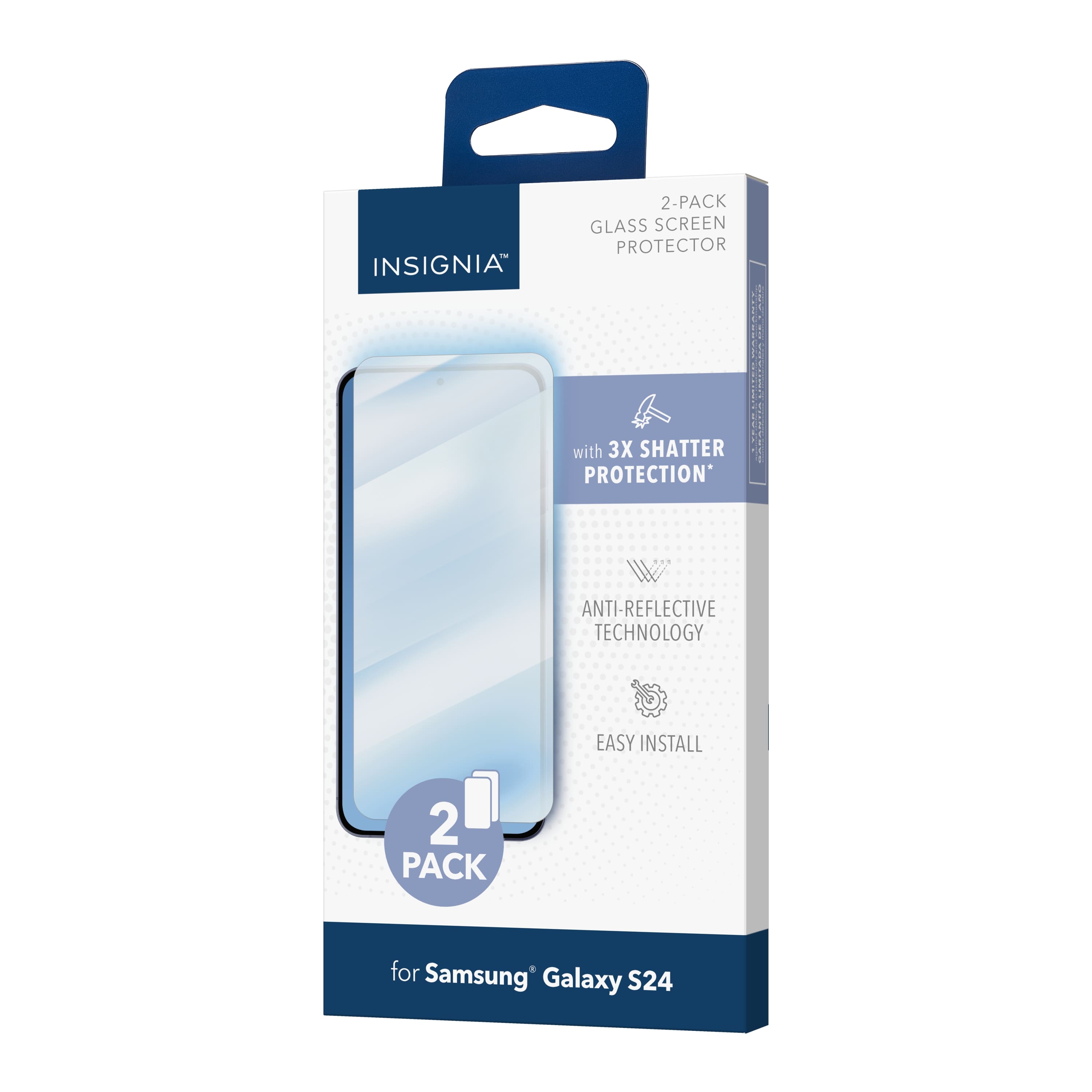 Insignia 2-Pack Glass Screen Protector with 3X Shatter Protection and Anti-Reflective Technology, Easy Install for Samsung Galaxy S24.