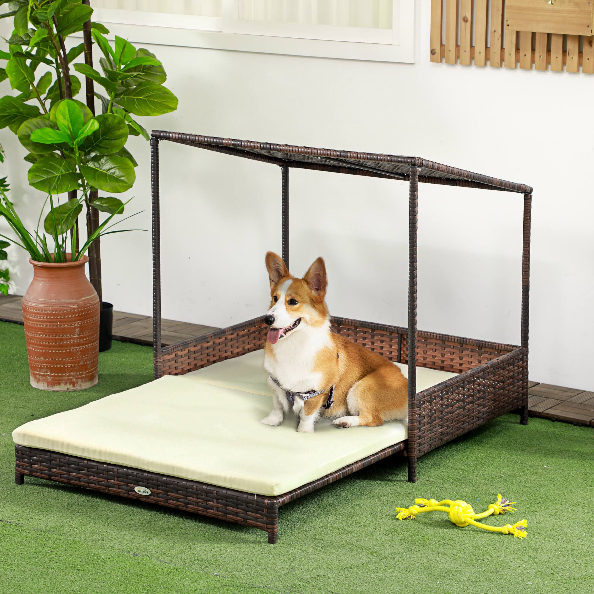 Alt View 1. Pawhut - Dog Bed, Extendable Wicker Dog Bed with Roof - Mixed-Brown.
