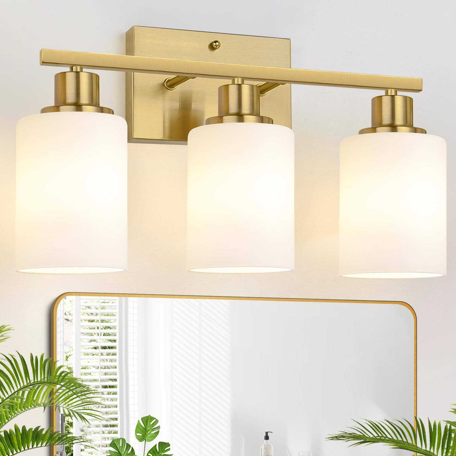 Front. Comfort Essence - Bathroom Light Fixtures Vanity With Milky Shades Matte Over Mirror Modern Wall Lamp For Living Room Cabinet - Brushed Gold 3-Light.