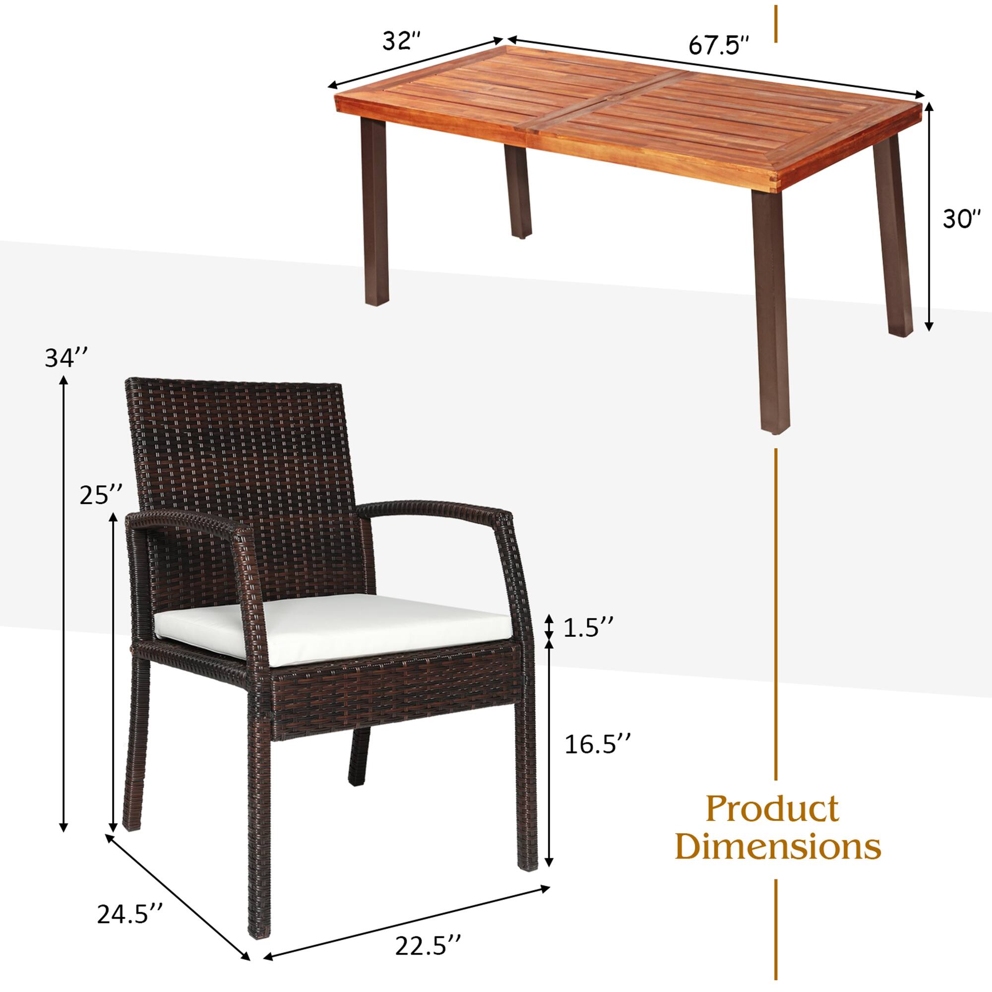 Table: 32", 67.5", 30"

Chair: 34", 25", 1.5", 16.5", 24.5", 22.5"