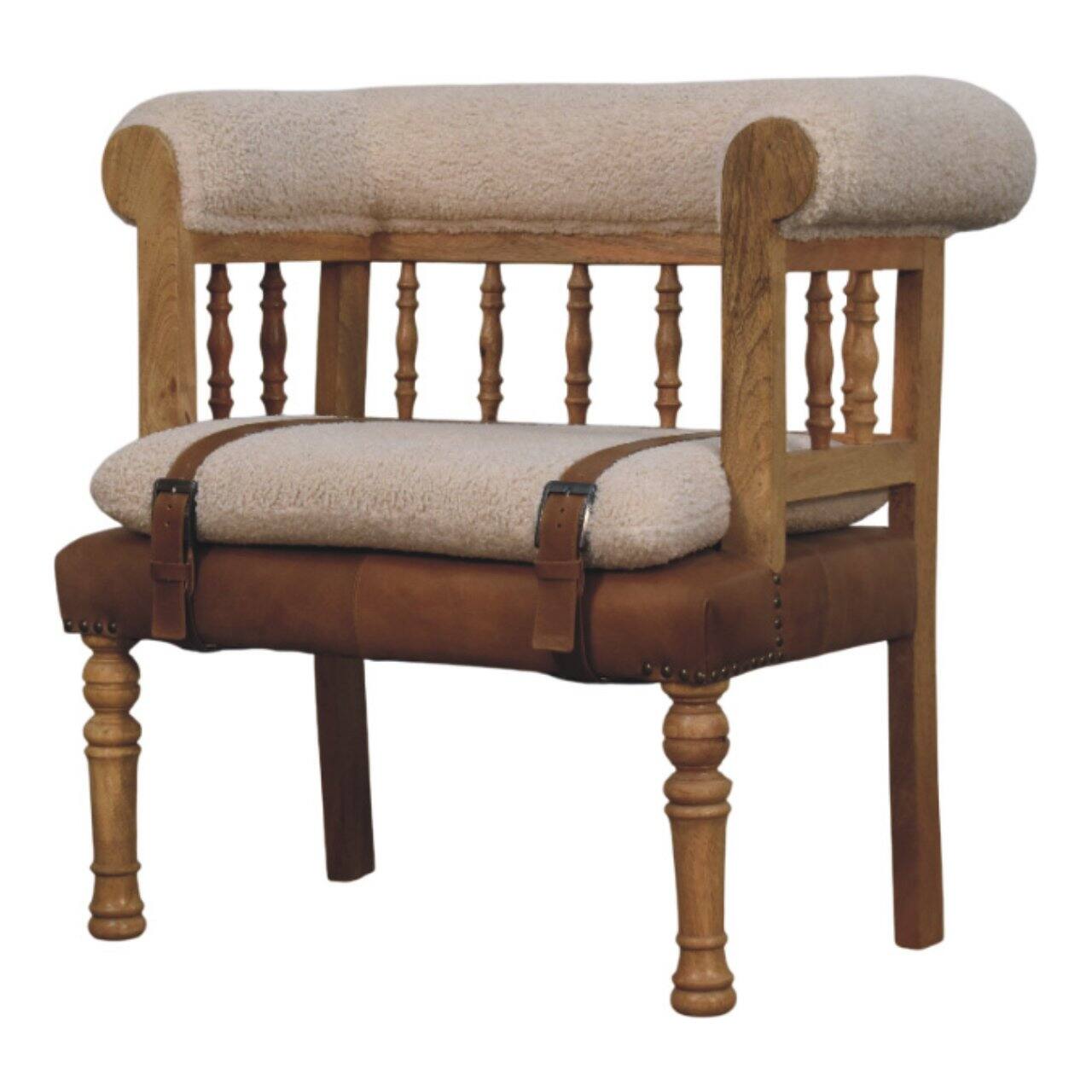 Angle. Artisan Furniture - Artisan Furniture Solid Wood Strapped Hallway Boucle Bench, Upholstered, Brown & Cream - Brown & Cream.