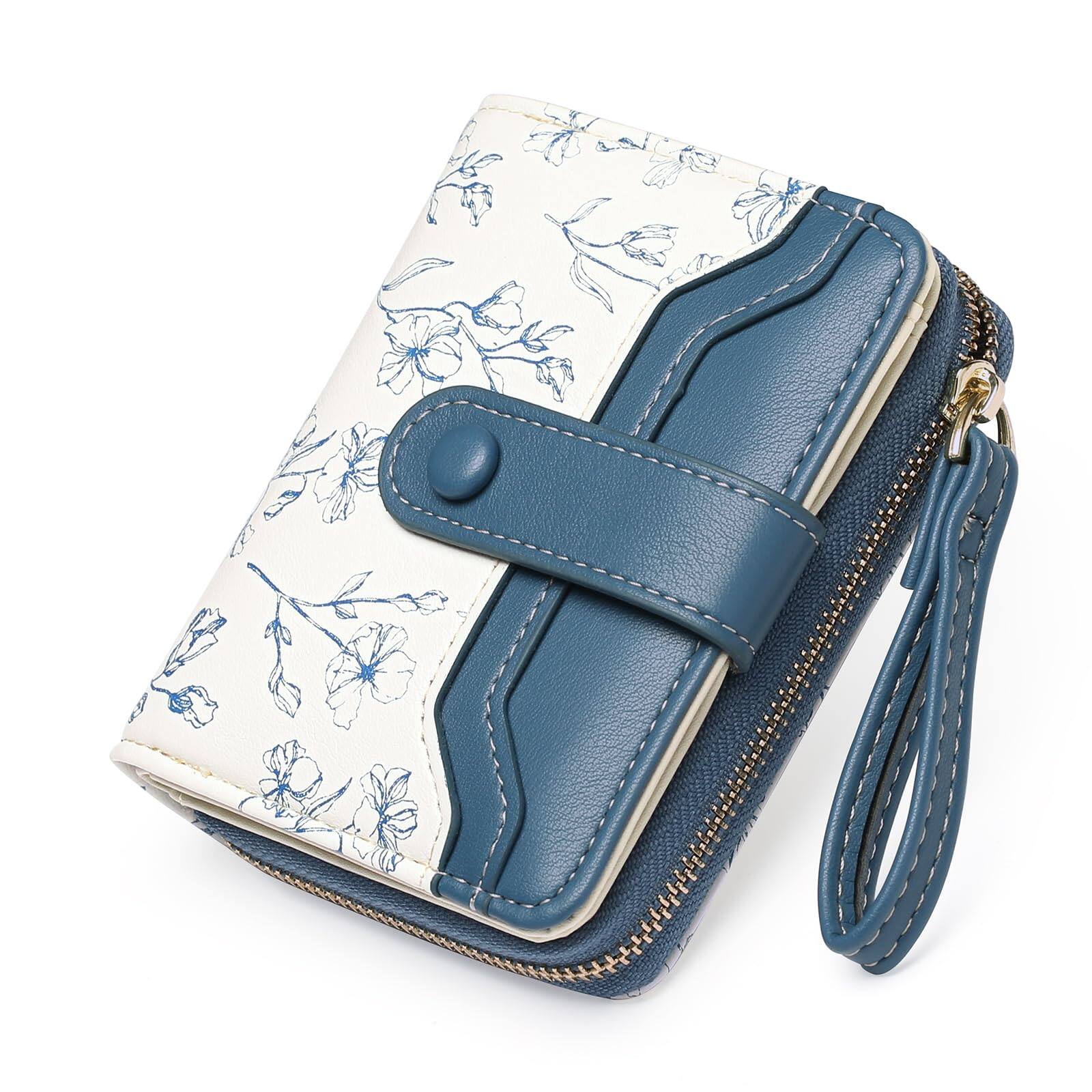 Jadie Link - Womens Wallet Slim Thin Rfid Blocking Floral Leather Card Holder Bifold Long Ladies Zipper Pocket Small Roomy RFID-block - Blue & White