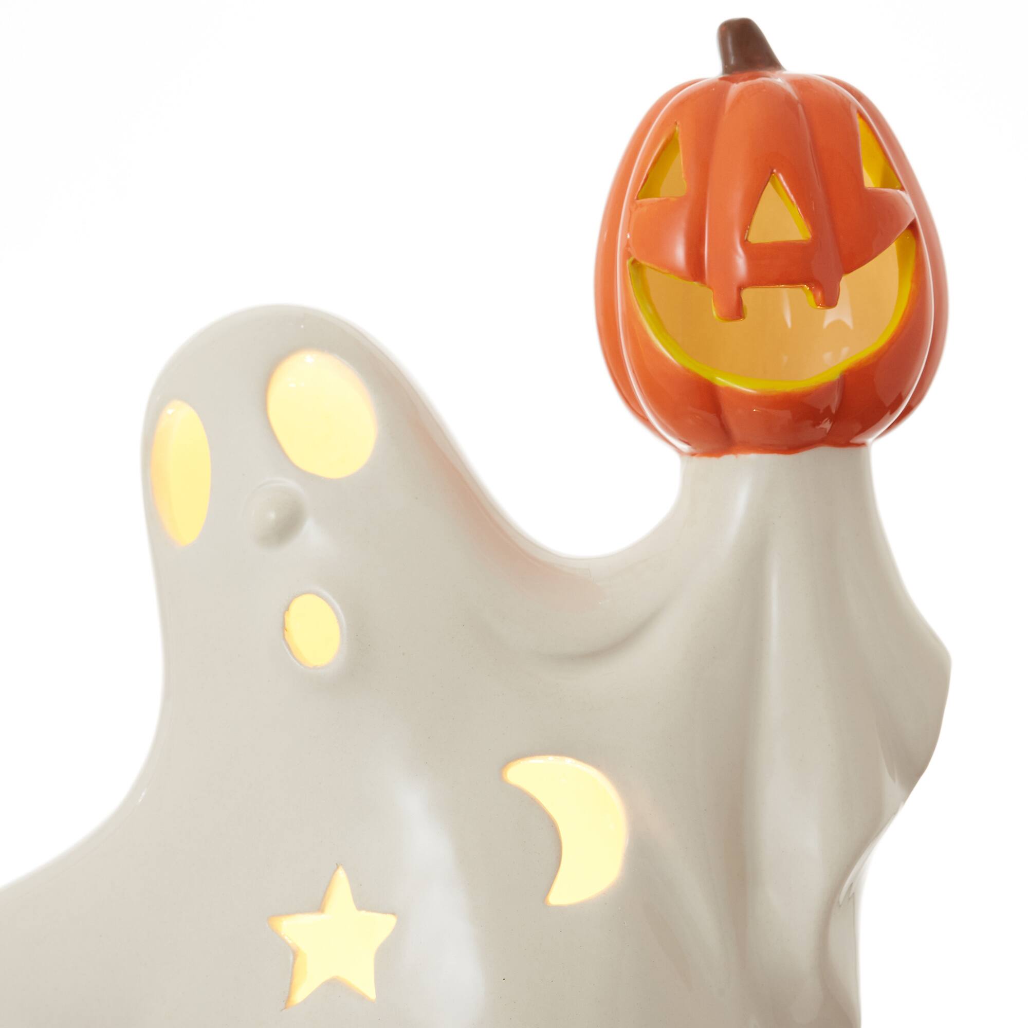 Alt View 2. Casafield - Pre-Lit Ceramic Halloween Hand-Painted Tabletop Indoor Home Decor - White Ghost Pumpkin.
