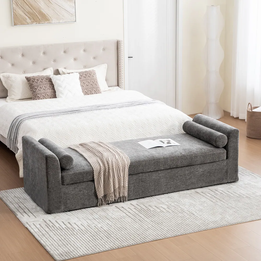 Front. Ropilly - Ropilly Modern Gray Chenille Bed End Bench with Armrests, Chaise Lounge Couch for Bedroom and Entryway - Gray.