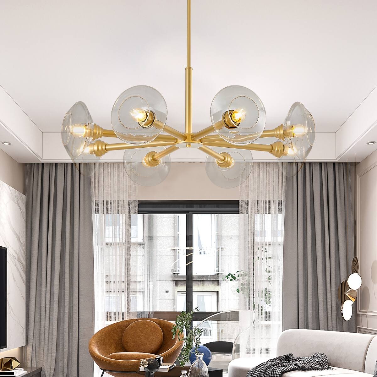 Front. Loheer - Loheer 36 inch Gold Sputnik Chandelier Eight Light Mid Century Modern Pendant with Clear Glass Shades.