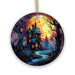 OrnamentallyYou - Eerie Abode Amidst Spooky Trees Stained Glass Style Ceramic Ornament Halloween Themed Christmas - Multi-colored