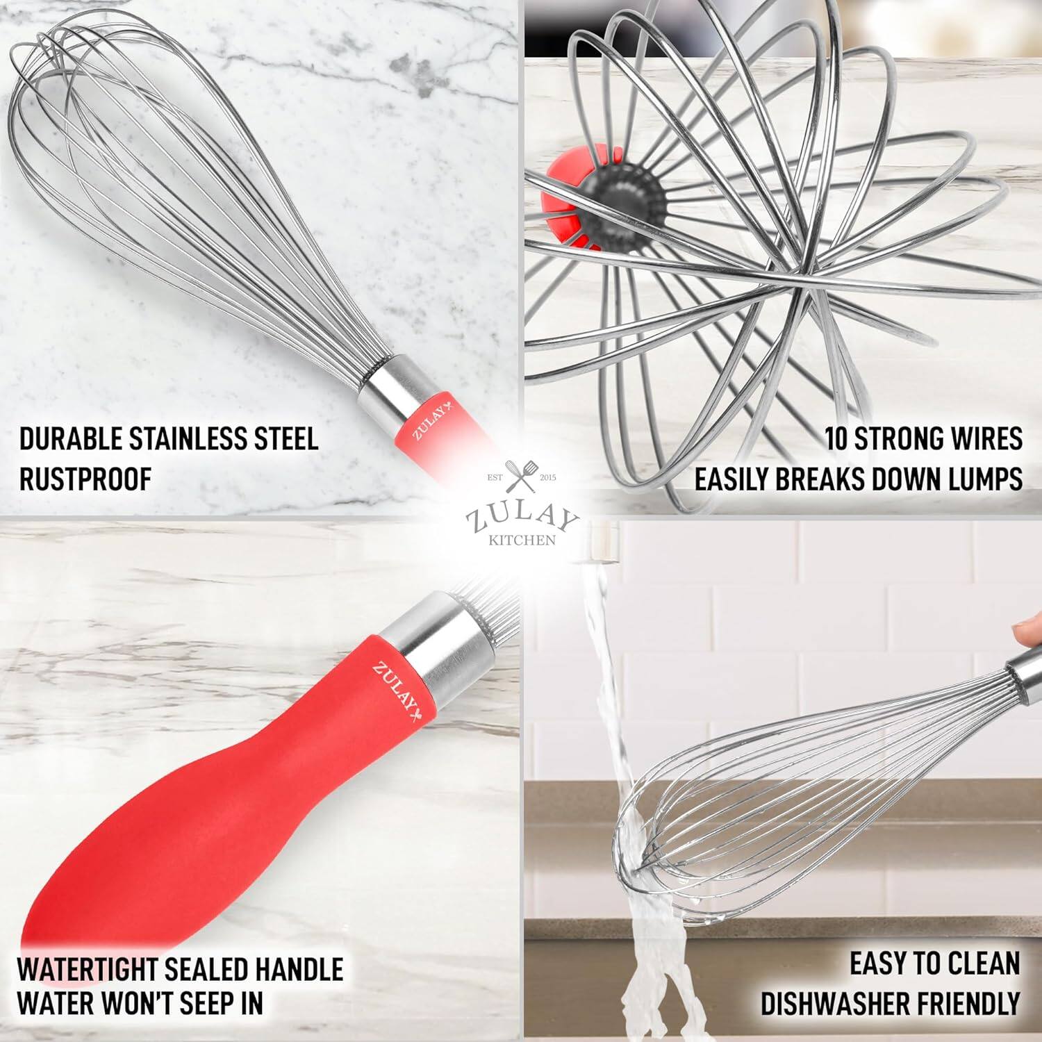 - DURABLE STAINLESS STEEL RUSTPROOF
- 10 STRONG WIRES EASILY BREAKS DOWN LUMPS
- WATERTIGHT SEALED HANDLE WATER WON'T SEEP IN
- EASY TO CLEAN DISHWASHER FRIENDLY