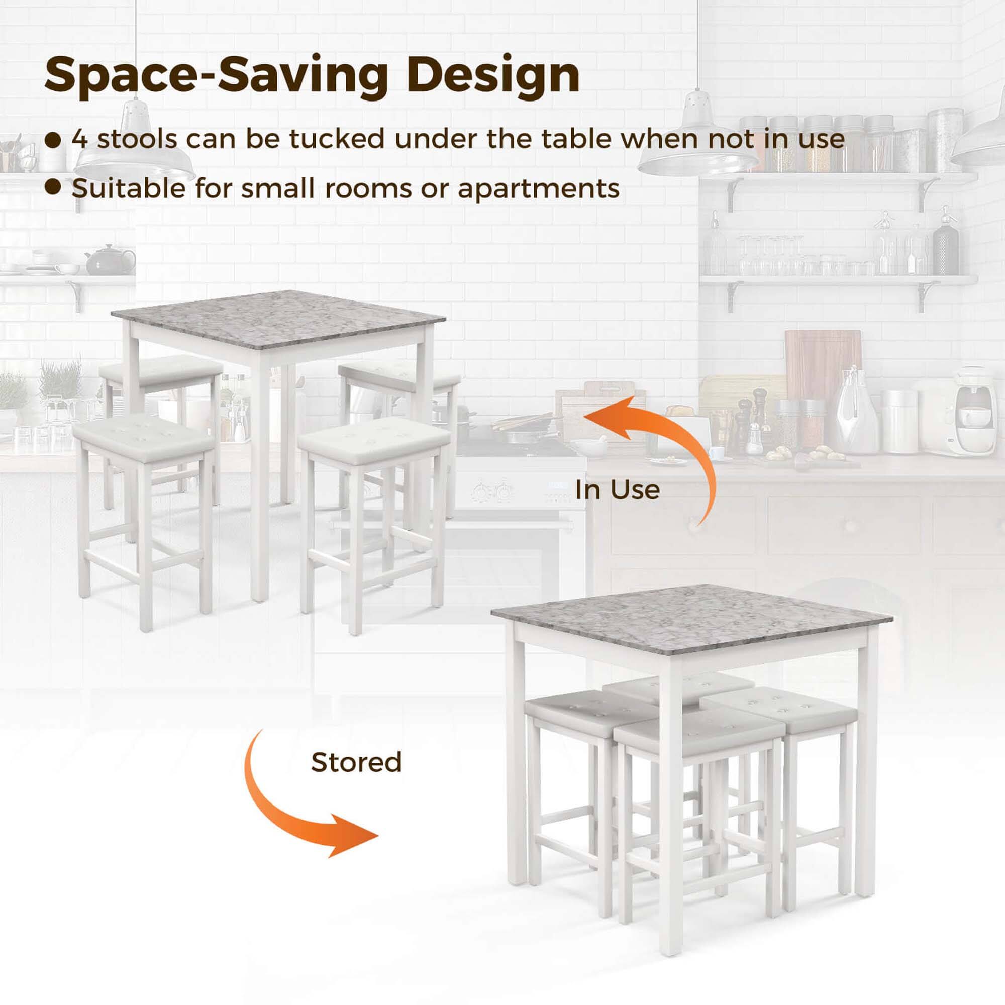 Space-Saving Design: 4 stools can be tucked under the table when not in use. Suitable for small rooms or apartments. In Use: Stored.