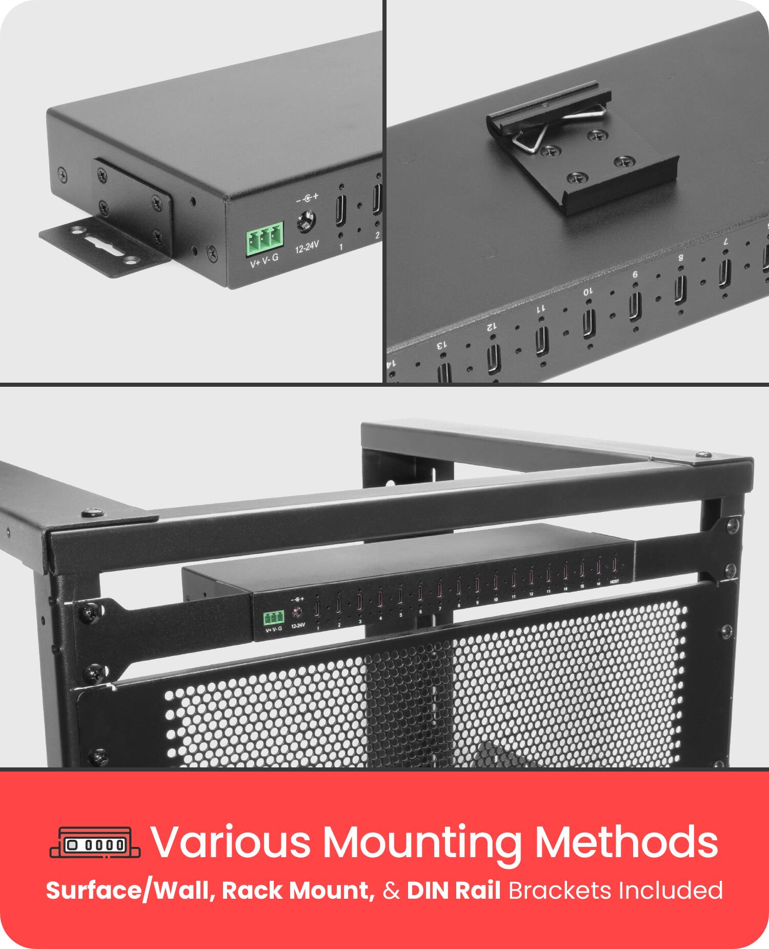 Various Mounting Methods  
Surface/Wall, Rack Mount, & DIN Rail Brackets Included