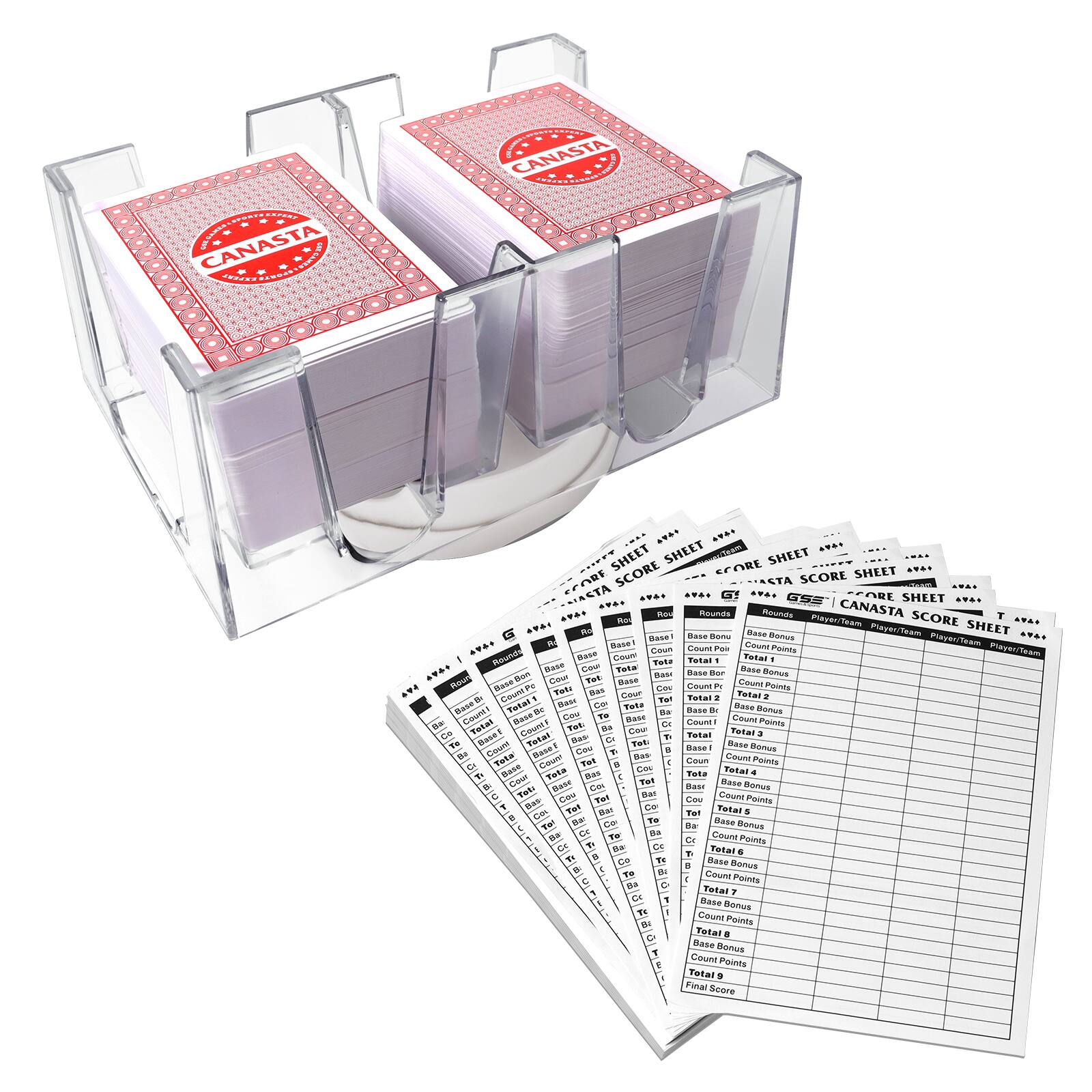 GSE Games & Sports Expert - Canasta Cards Game Set - 6 Decks Red Canasta Cards with Point Values, a Revolving Card Tray, 100 Score Pads