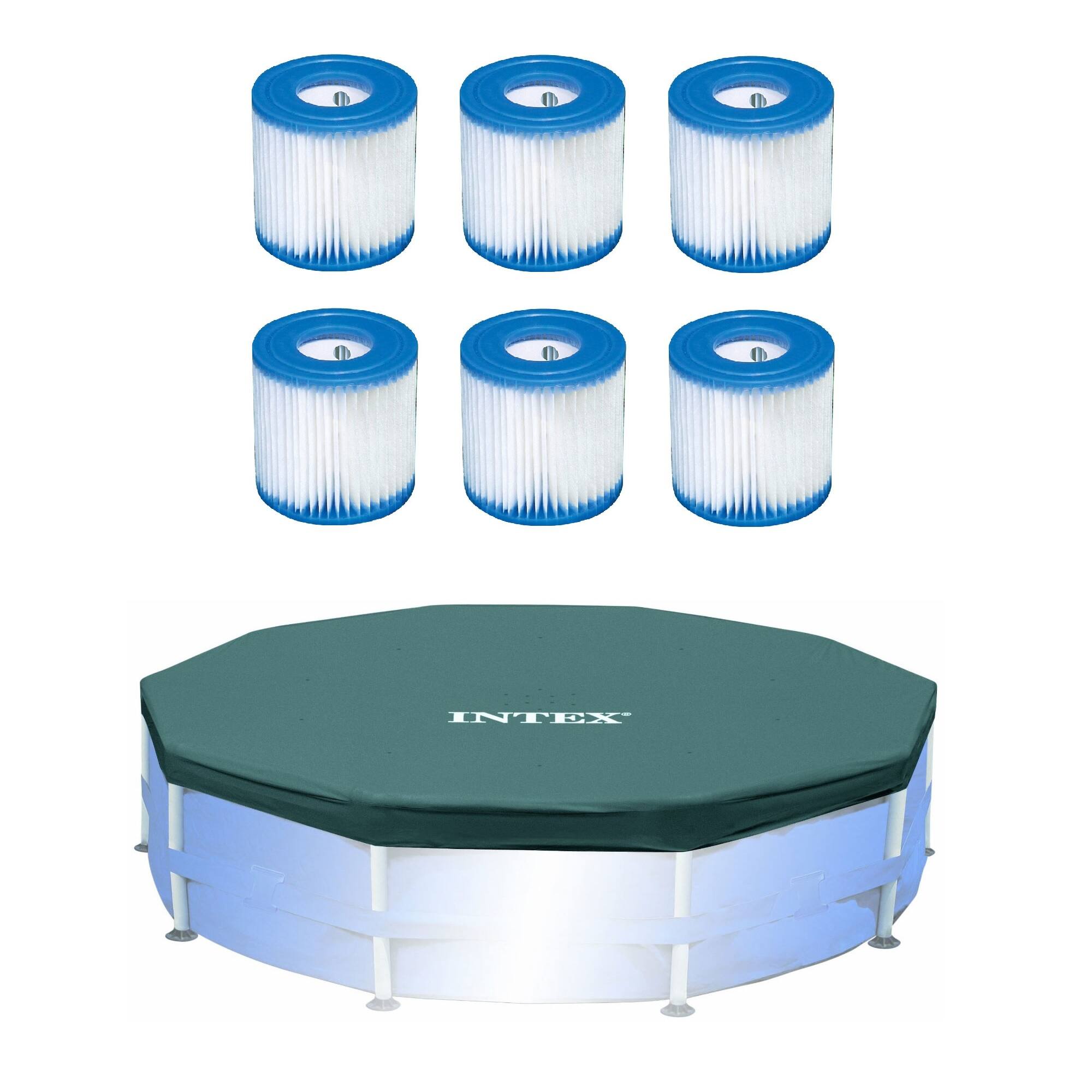 Front. Intex - Intex Pool Filter (6 Pack) with Intex 10-Foot Round Above Ground Pool Cover.