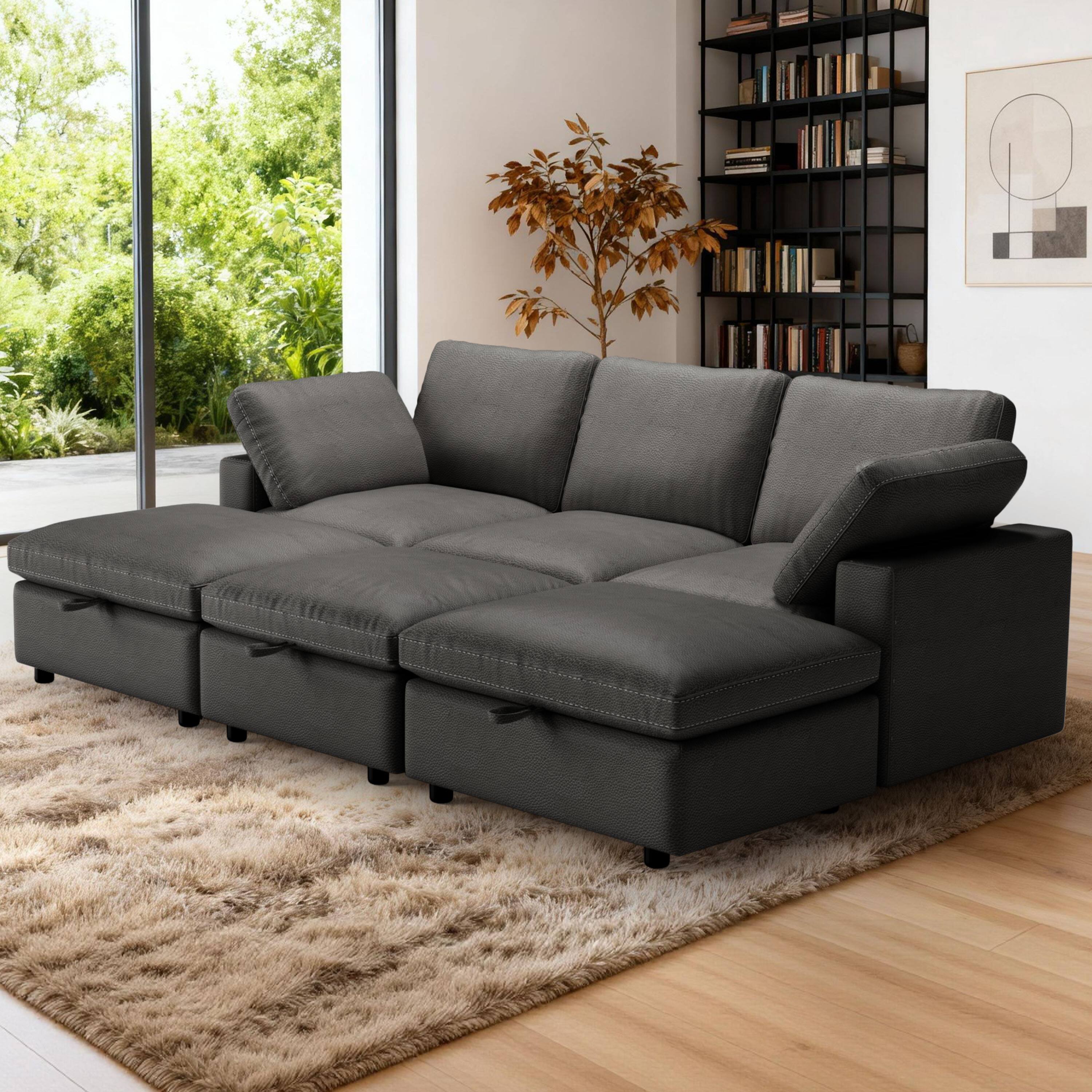 Dyonery - modern cat-scratch leather sofa, a three-seater sofa with three storage footrests, can be flexibly combined - Gray