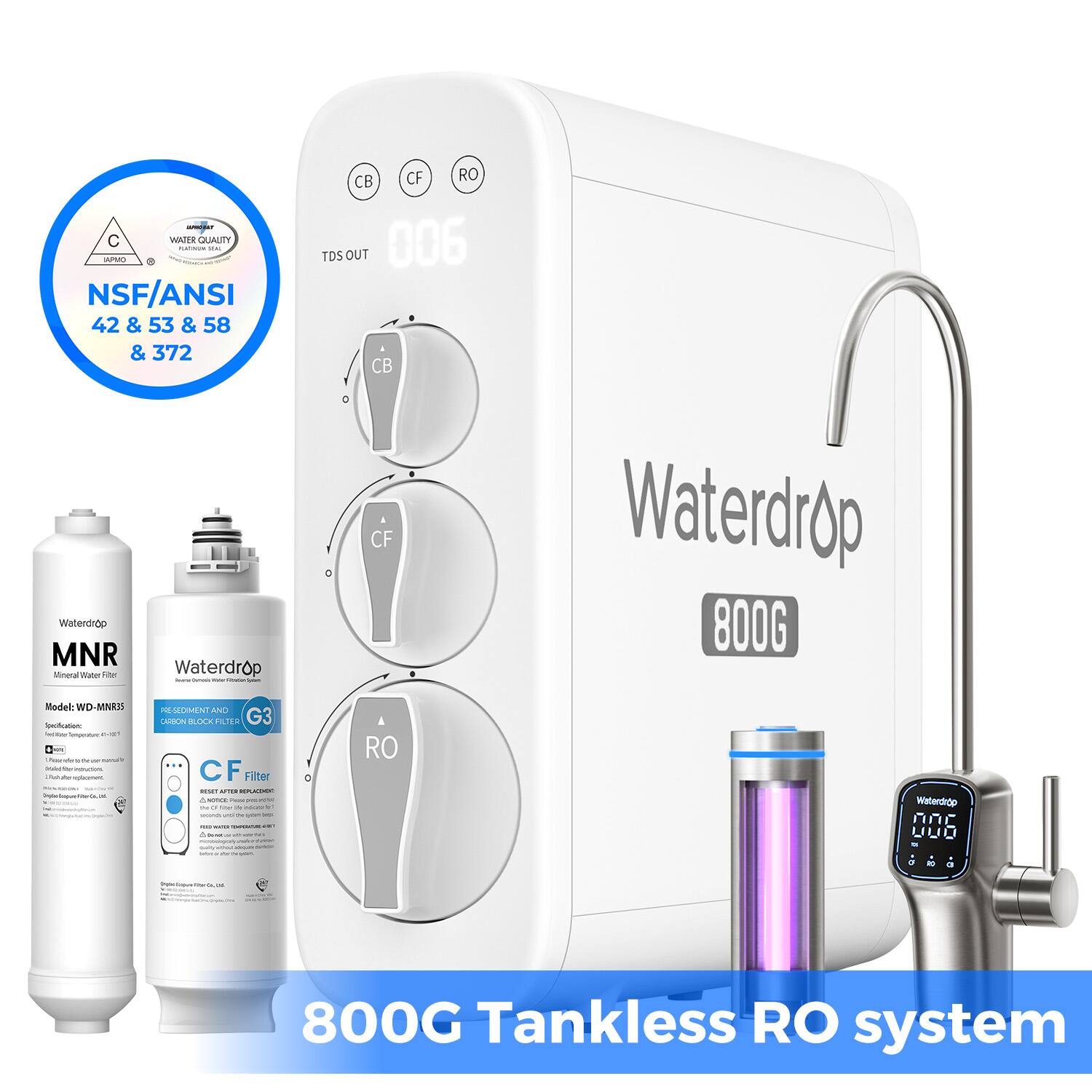 C WATER QUALITY - CP NSF/ANSI 42 & 53 & 58 & 372 CB CF RO TDS OUT 006 CB waterdrop MNR Minoral w Waterdrop - CF Waterdrop 800G Model WD-MNRIS - - D - - NELIMINT AN LAON BLOR EIR G3 CF Filter .. ... -  - . O RO Weterdiop 006 - 5 - a 800G Tankless RO system