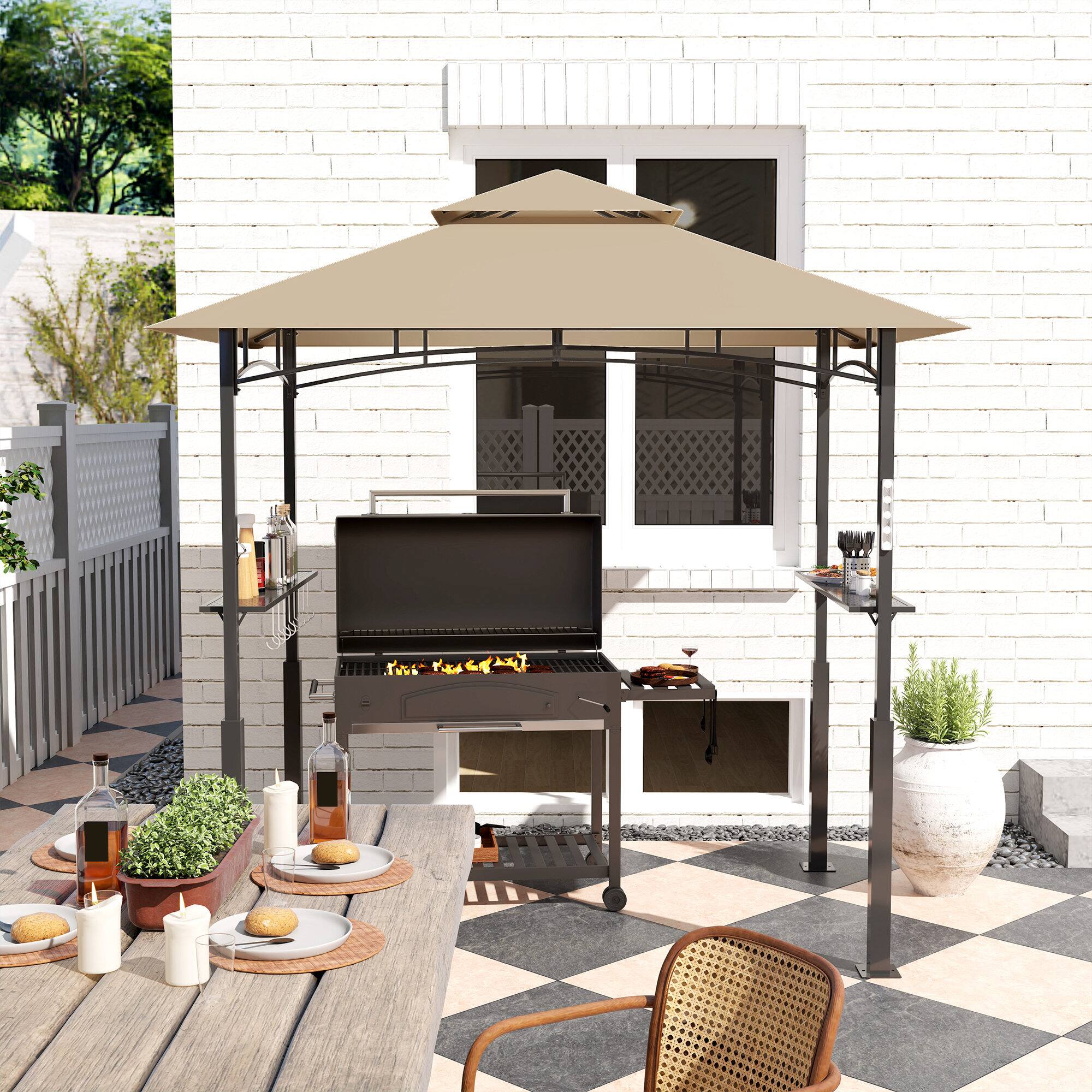 Alt View 7. Outsunny - 8' x 5' Grill Gazebo, Double Tiered Outdoor BBQ Gazebo with LED Light, 2 Side Shelves, Hooks and Bottle Opener - Khaki.