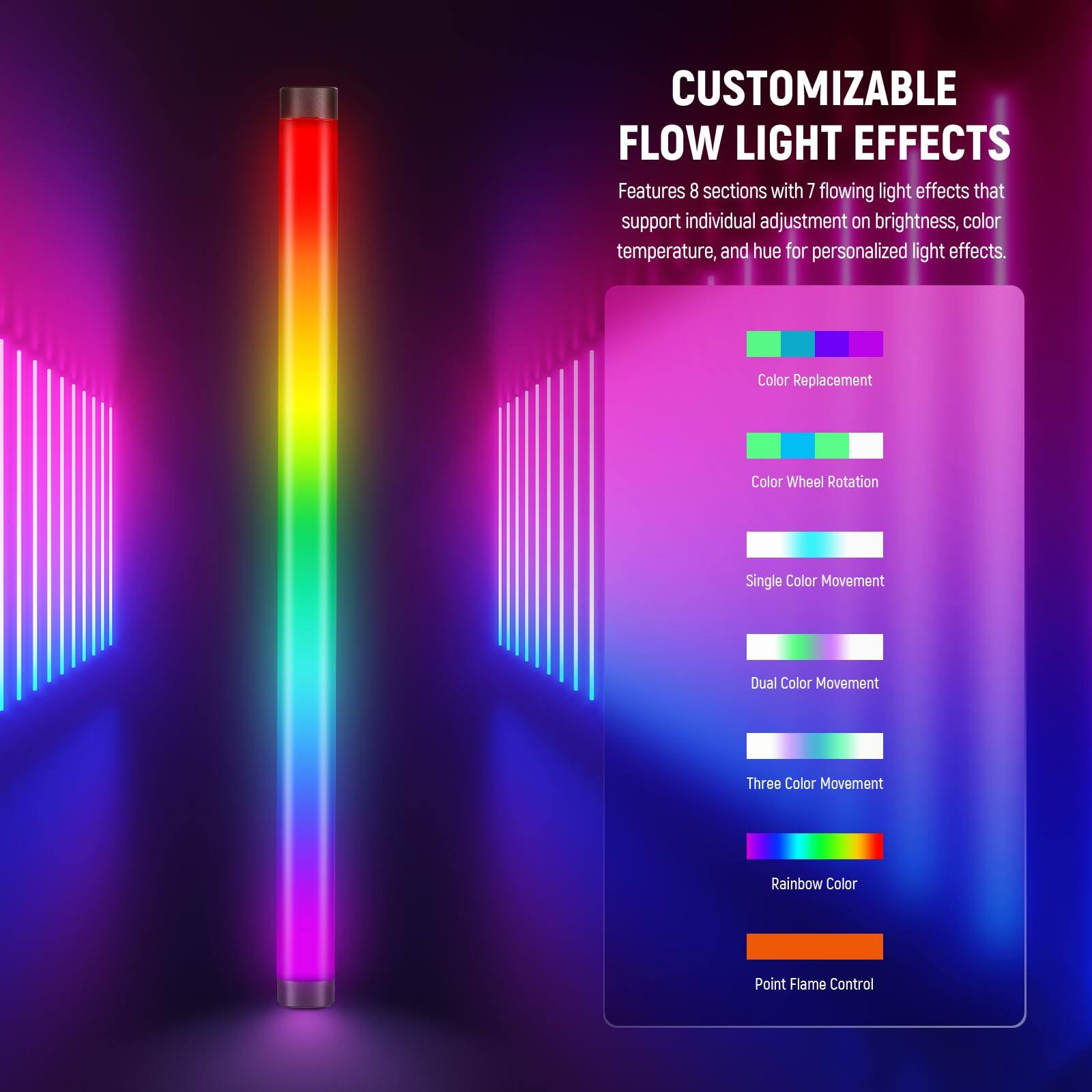 CUSTOMIZABLE FLOW LIGHT EFFECTS

Features 8 sections with 7 flowing light effects that support individual adjustment on brightness, color temperature, and hue for personalized light effects.

- Color Replacement
- Color Wheel Rotation
- Single Color Movement
- Dual Color Movement
- Three Color Movement
- Rainbow Color
- Point Flame Control