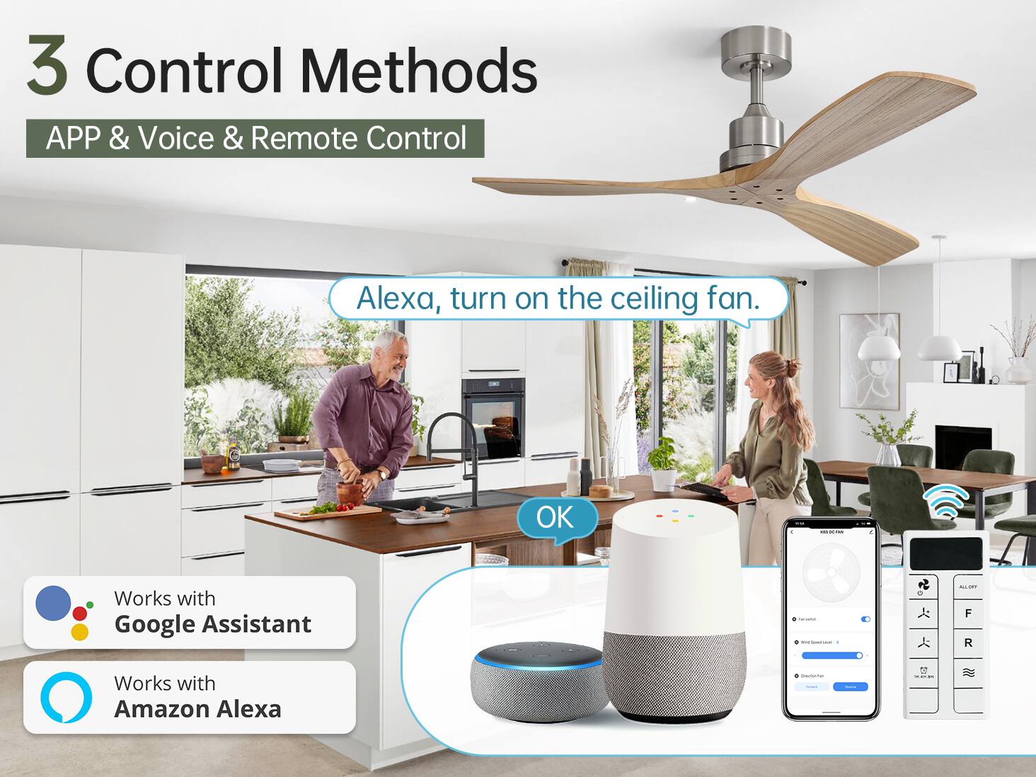 3 Control Methods  
APP & Voice & Remote Control  

Alexa, turn on the ceiling fan.  
OK  

Works with Google Assistant  
Works with Amazon Alexa