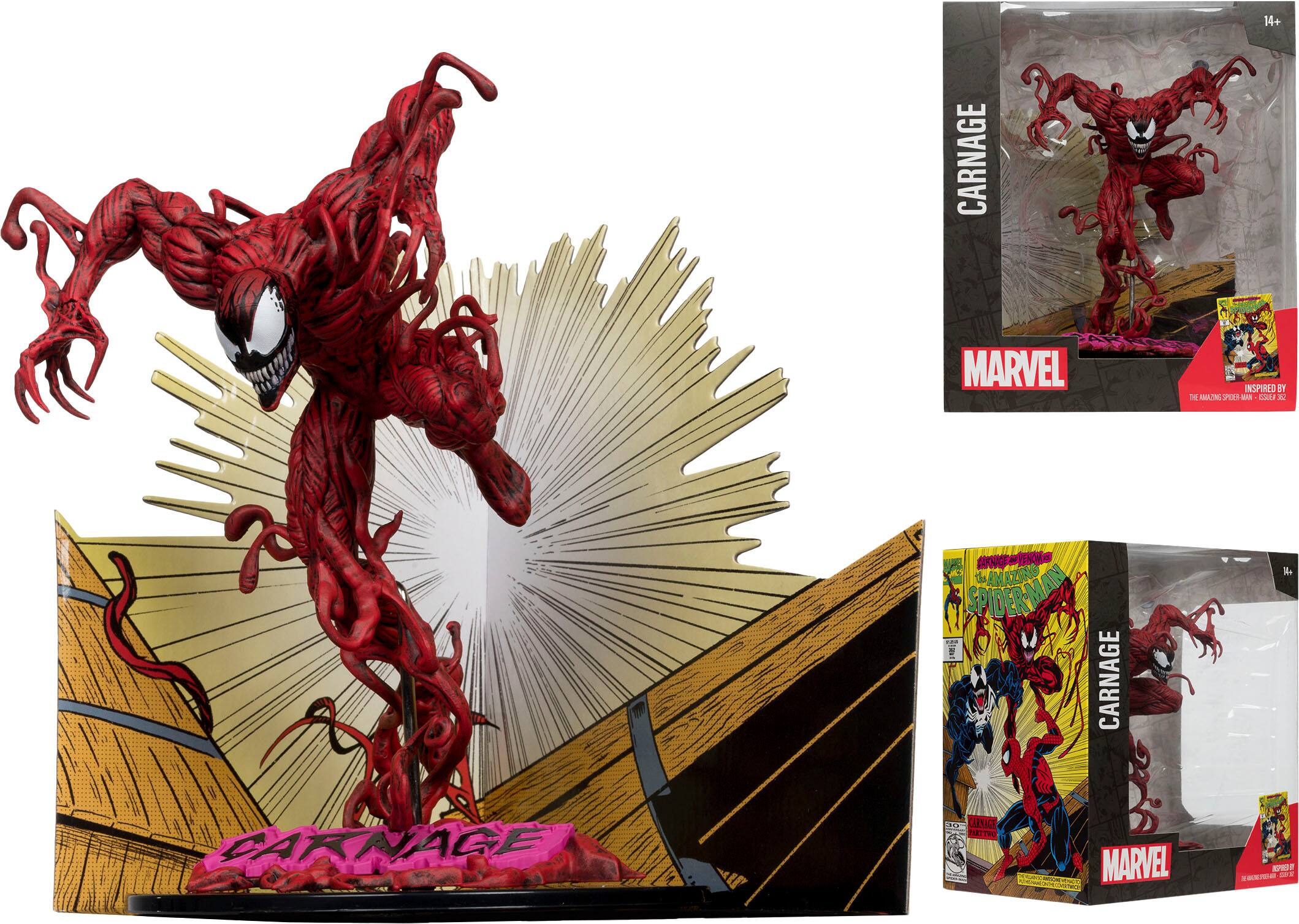 The image features a red Carnage figure from the Marvel Comics universe. The figure is displayed in a box, and it is also shown in a separate image without the box. The figure is made of plastic and is a collectible item for fans of the Marvel Comics.