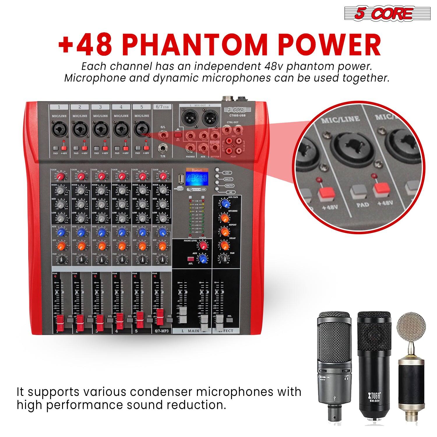 5 CORE +48 PHANTOM POWER

Each channel has an independent 48v phantom power. Microphone and dynamic microphones can be used together.

It supports various condenser microphones with high performance sound reduction.
