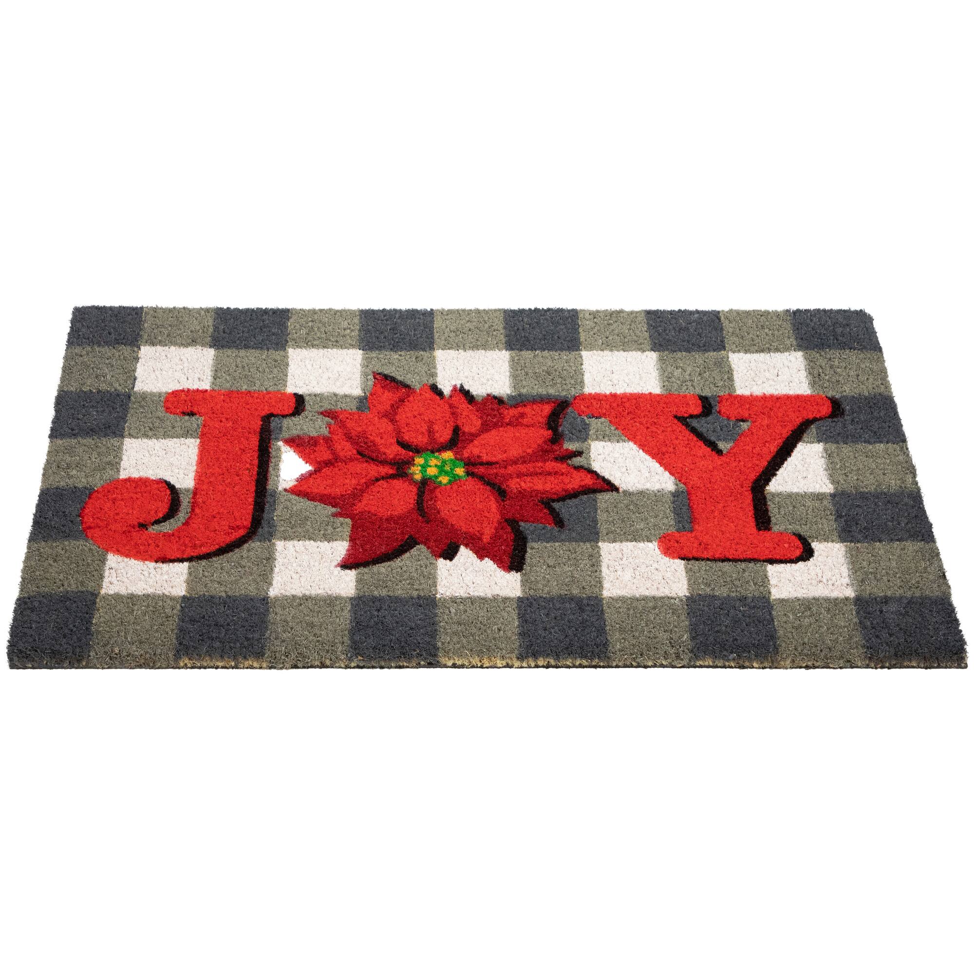 Alt View 3. Northlight - Gray and Red Poinsettia "Joy" Christmas Natural Coir Outdoor Doormat 18" x 30" - Gray.