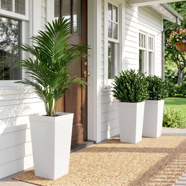 Alt View 1. PULUZ - 22.8 Inch Set of 3 Outdoor Planters with Stone Finish and Wheels, Stackable Tapered Planters with Drainage Hole - White.