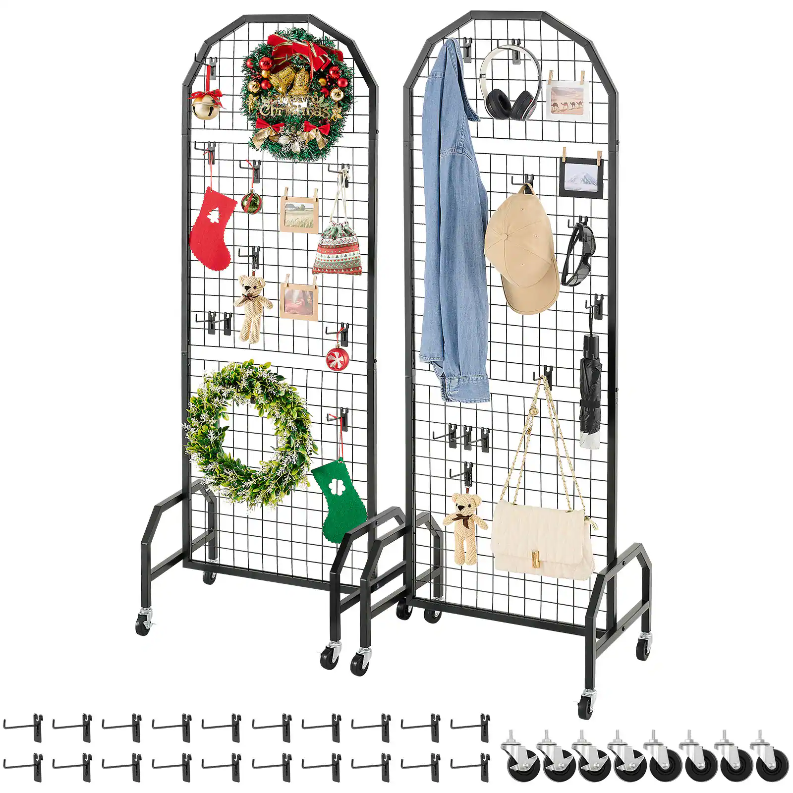 VEVOR - 2 Packs Grid Wall Panels,1.9 x 5.4 ft Wire Grid Panels Display Rack, Movable Art Display Shelf with Wheels and 20 Hooks - Black