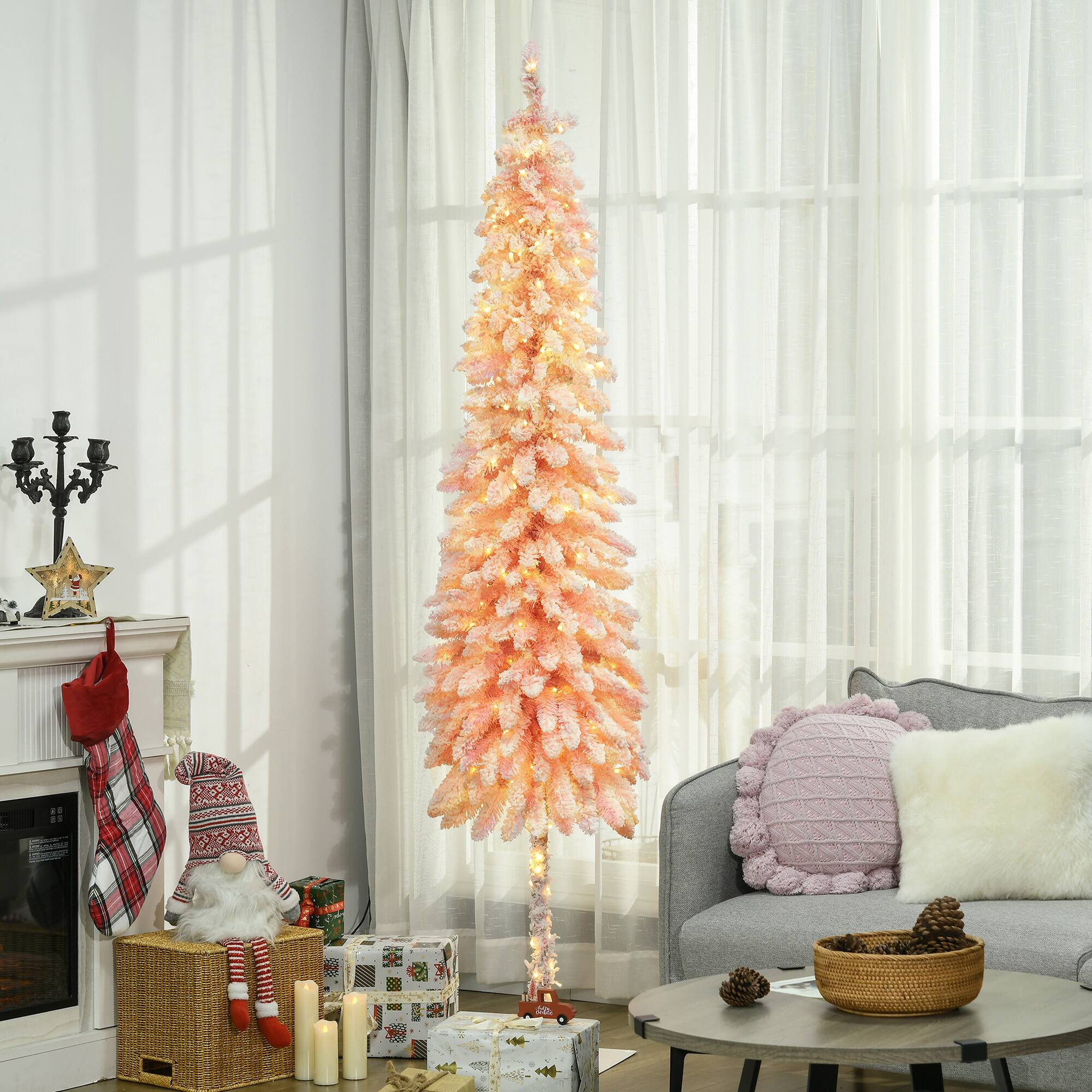 Alt View 1. Homcom - Prelit Pencil Artificial Christmas Tree, 703 Snow Flocked Branches, 250 Warm White LEDs, Downswept Shape - pink.