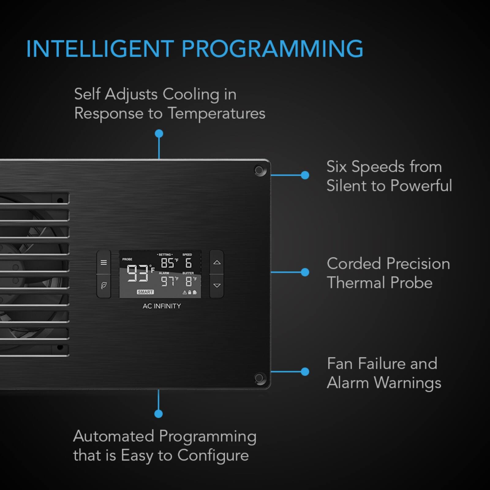INTELLIGENT PROGRAMMING

Self Adjusts Cooling in Response to Temperatures

Six Speeds from Silent to Powerful

Corded Precision Thermal Probe

Fan Failure and Alarm Warnings

Automated Programming that is Easy to Configure