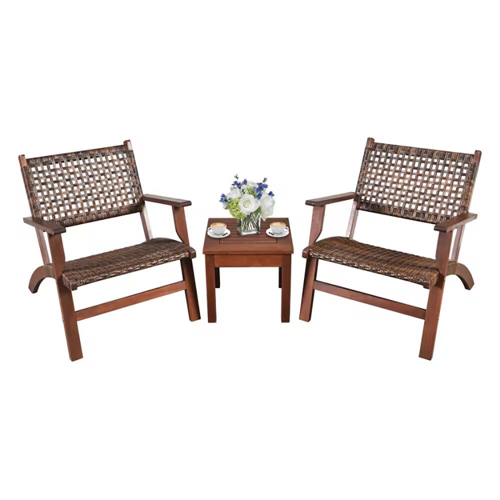 Alt View 4. Bestier - 3-Piece Eucalyptus Wood and Rattan Outdoor Patio Conversation Set - Natural Brown - Brown.
