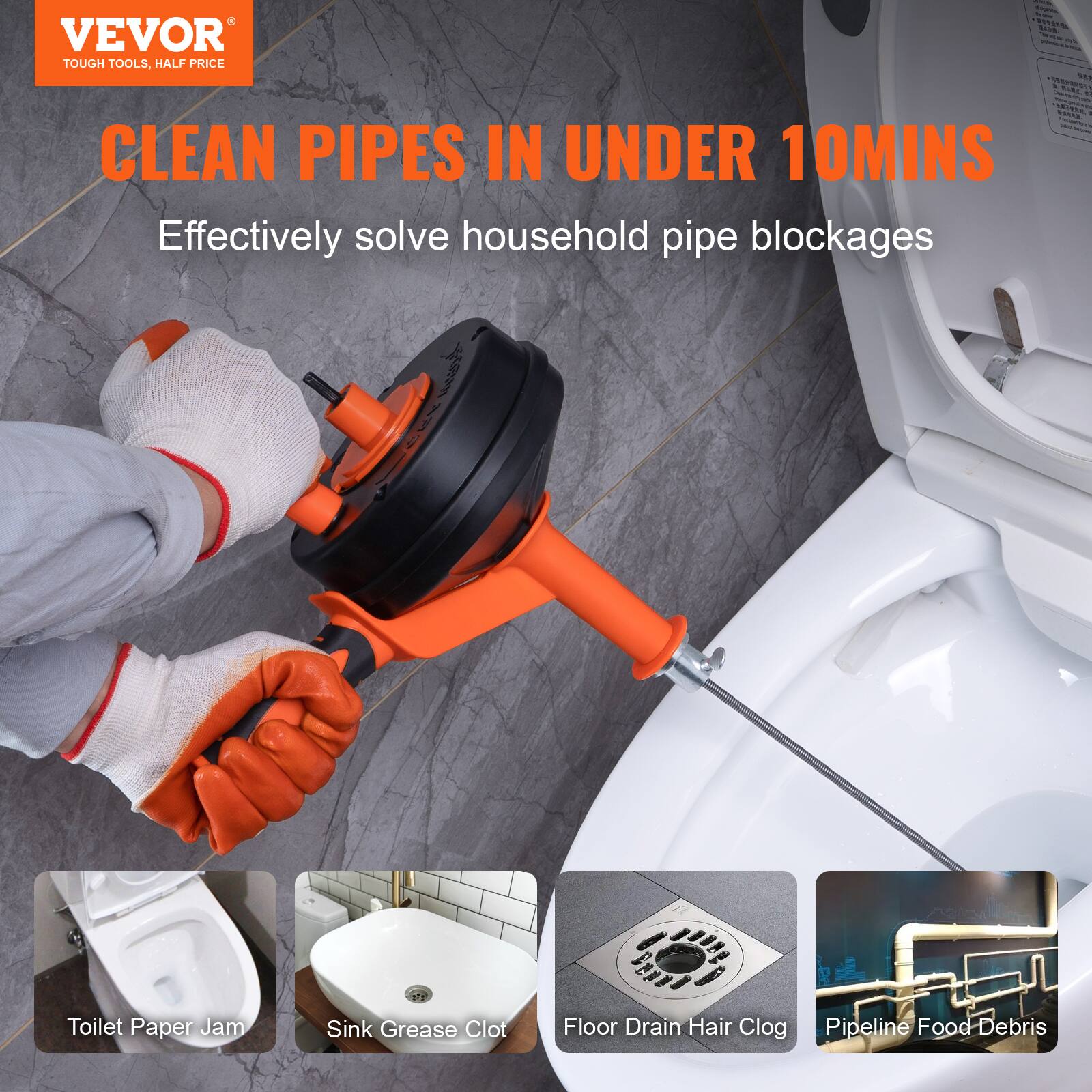 1 - CCE VEVOR 1 : | TOUGH TOOLS, HALF PRICE S - - CLEAN PIPES IN UNDER 10MINS Effectively solve household pipe blockages  S Toilet Paper Jam Sink Grease Clot Floor Drain Hair Clog Pipeline Food Debris