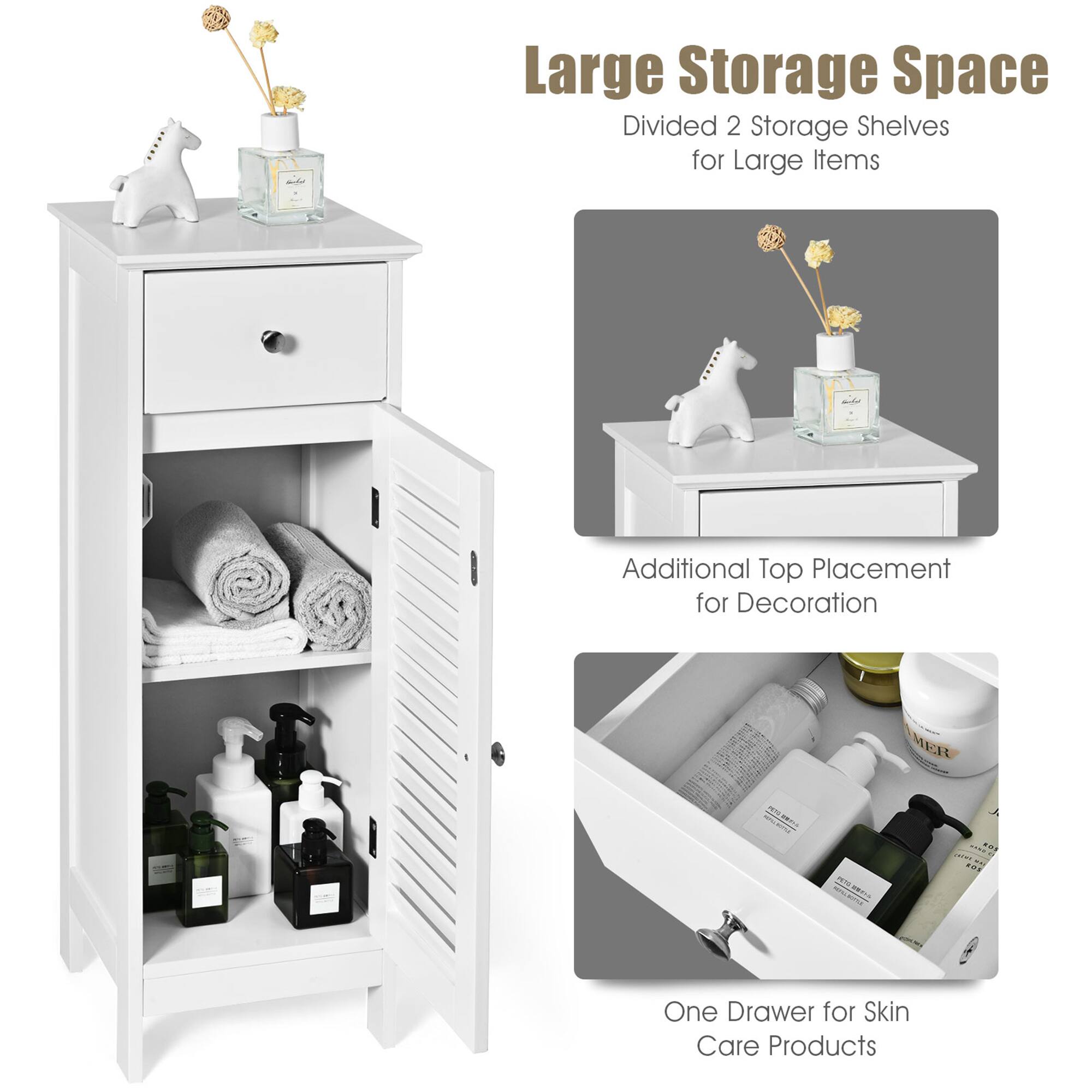 Large Storage Space
Divided 2 Storage Shelves for Large Items
Additional Top Placement for Decoration
One Drawer for Skin Care Products
