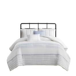Gracie Mills - Ellison 5-Piece Stripe Cotton Jacquard Duvet Set - White/Blue