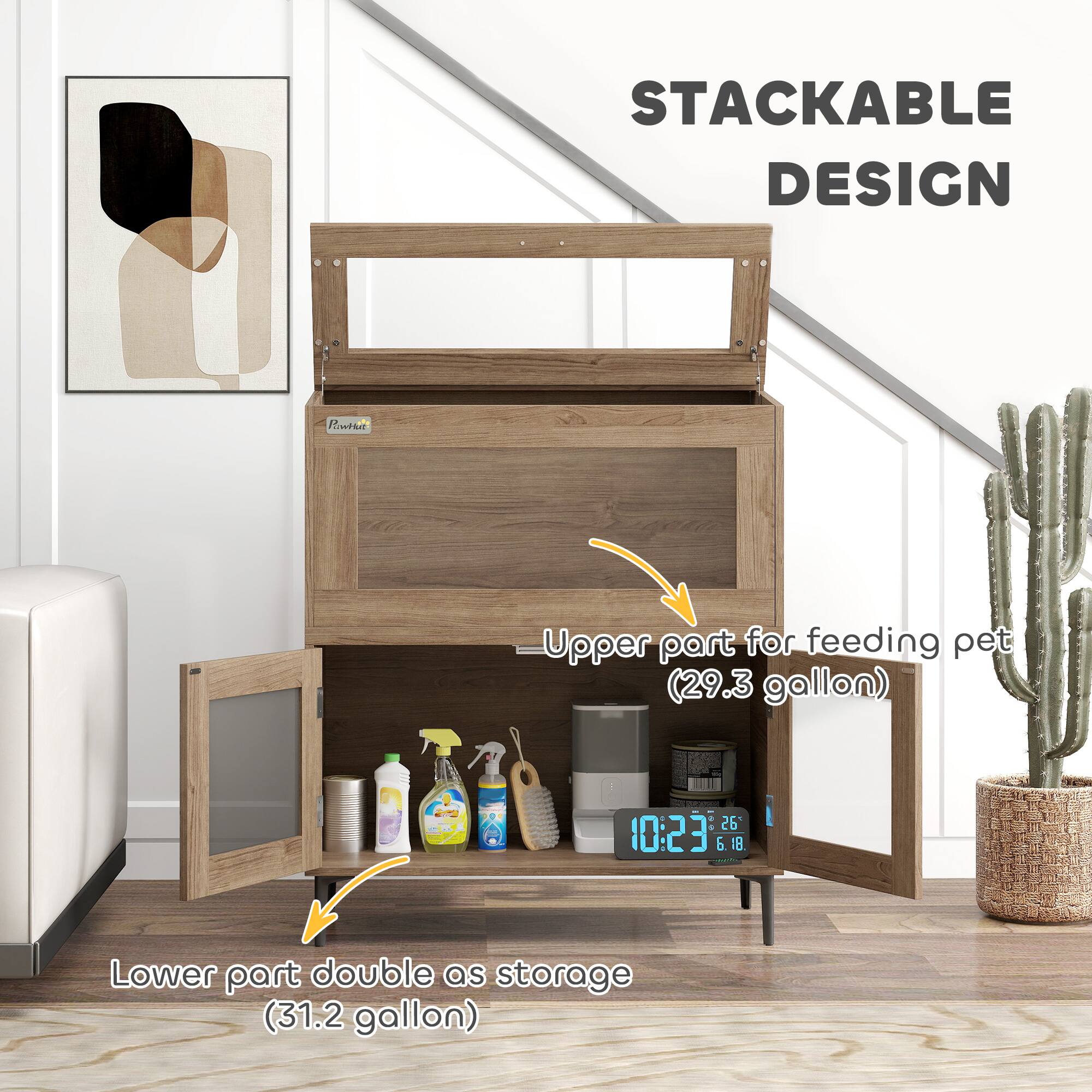 STACKABLE DESIGN

Upper part for feeding pet (29.3 gallon)

Lower part double as storage (31.2 gallon)