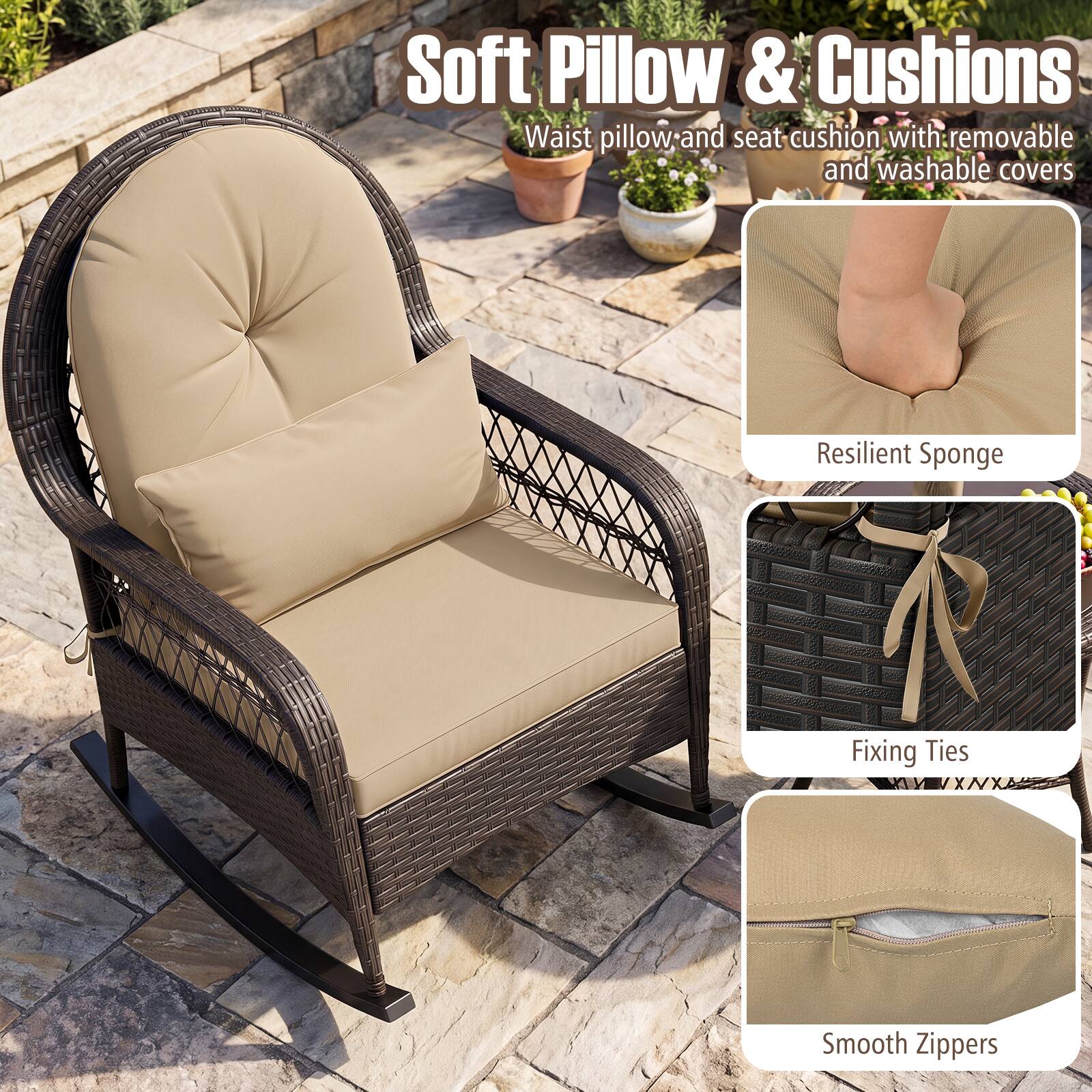 Soft Pillow & Cushions  
Waist pillow and seat cushion with removable and washable covers  
Resilient Sponge  
Fixing Ties  
Smooth Zippers