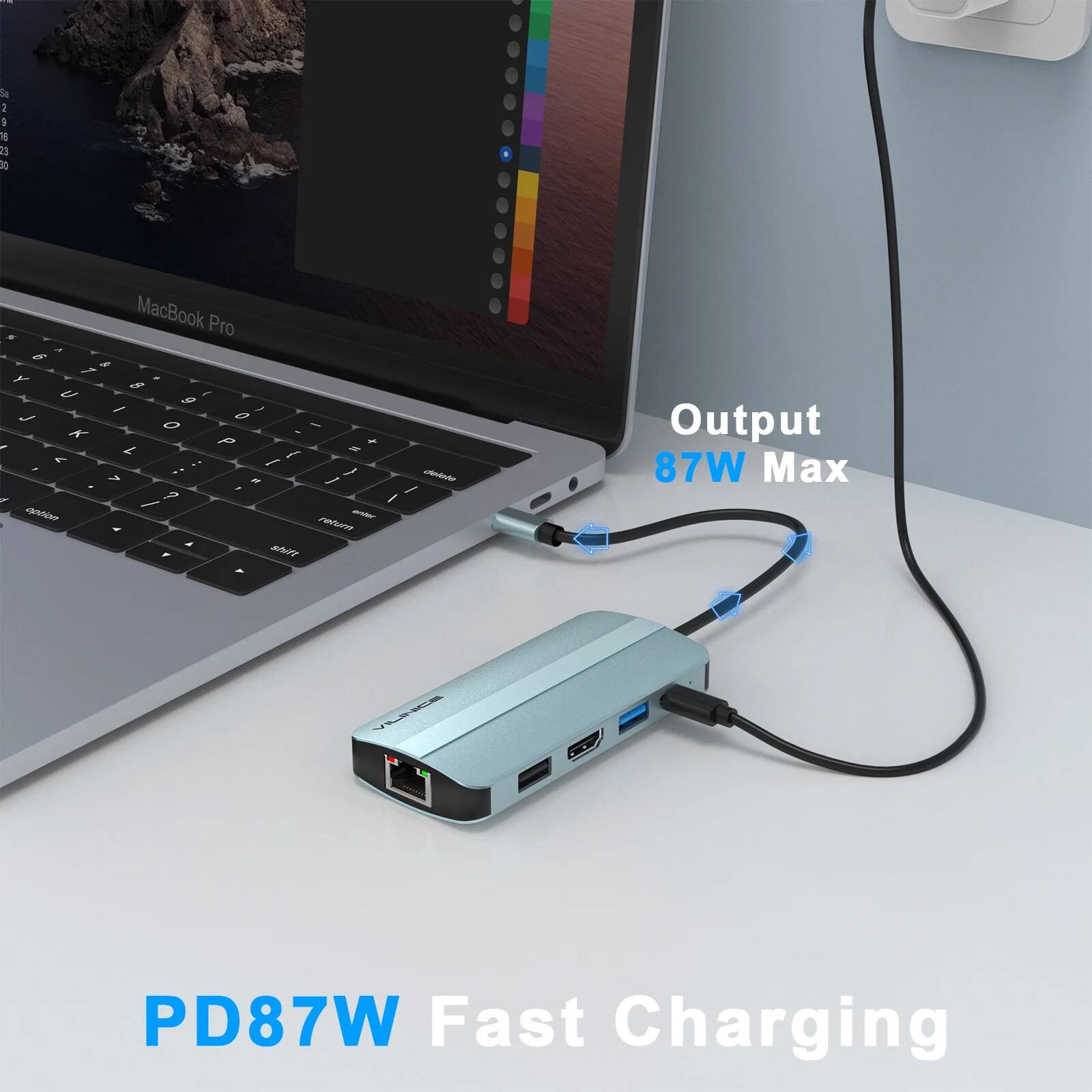 Sure, here is the corrected and grouped text from the image:

- MacBook Pro
- Output 87W Max
- PD87W Fast Charging
