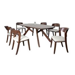 Manhattan Lane - Ziva 7pc Dining Table Set, 6 Ivory Chairs, 3D Edge Brown Solid Wood - Walnut Brown, Ivory