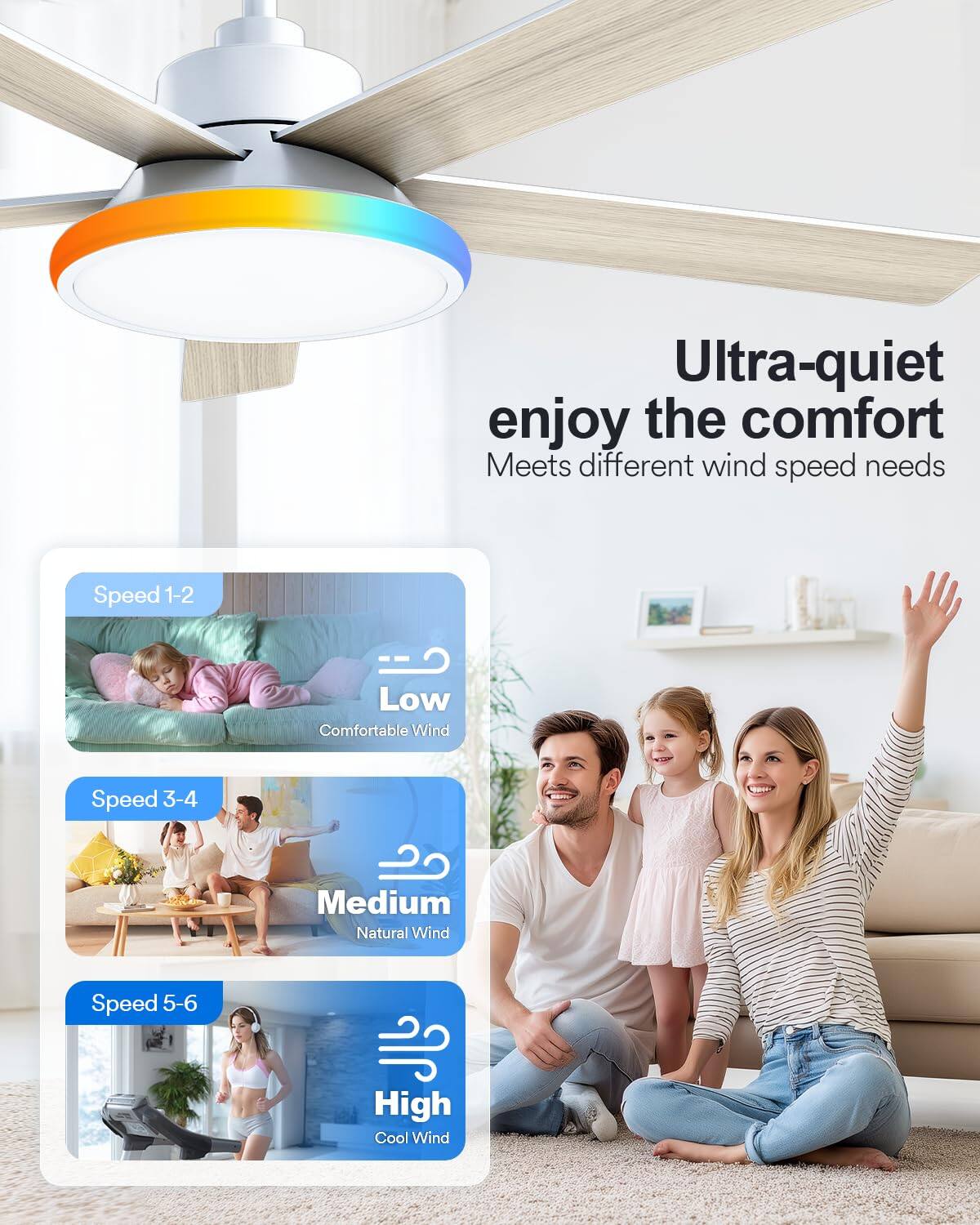 Ultra-quiet enjoy the comfort  
Meets different wind speed needs  
Speed 1-2 Low Comfortable Wind  
Speed 3-4 Medium Natural Wind  
Speed 5-6 High Cool Wind