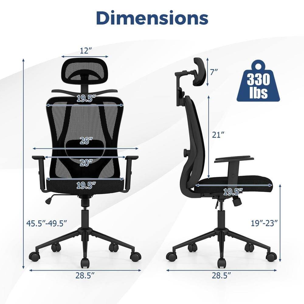 Dimensions: 12" x 19.5" x 7"  
Weight Capacity: 330 lbs  
Seat Dimensions: 26" x 21"  
Back Dimensions: 20" x 19.5"  
Armrest Dimensions: 19.5"  
Seat Height: 19"-23"  
Overall Height: 45.5"-49.5"  
Base Dimensions: 28.5"