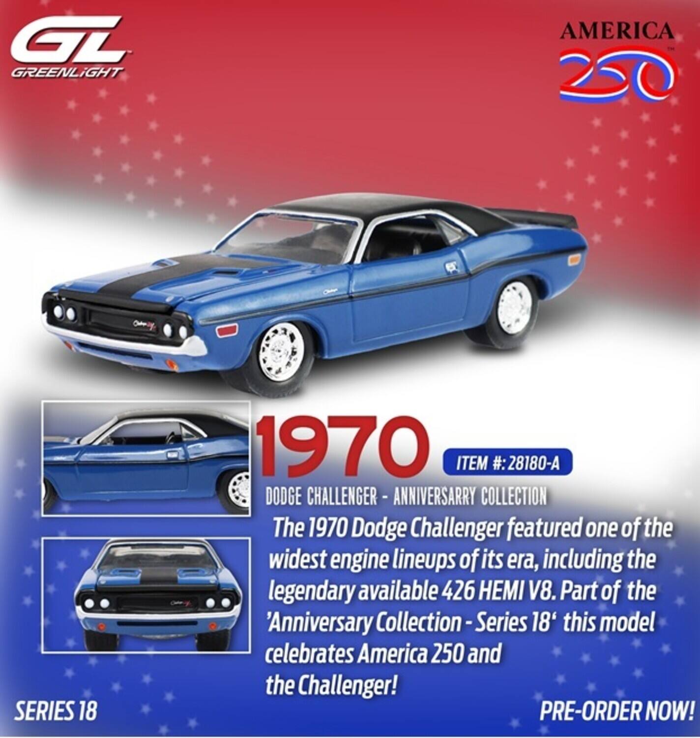 GL GREENLiGHT AMERICA SERIES 18 1970 ITEM #: 28180-A DODGE CHALLENGER - ANNIVERSARY COLLECTION

The 1970 Dodge Challenger featured one of the widest engine lineups of its era, including the legendary available 426 HEMI V8. Part of the 'Anniversary Collection - Series 18' this model celebrates America 250 and the Challenger!

PRE-ORDER NOW!
