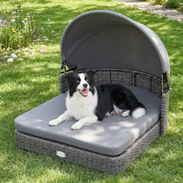 Costway - Wicker Dog House Outdoor with Adjustable Canopy 2 Detachable Soft Cushions for Yard - Mixed Gray+Gray