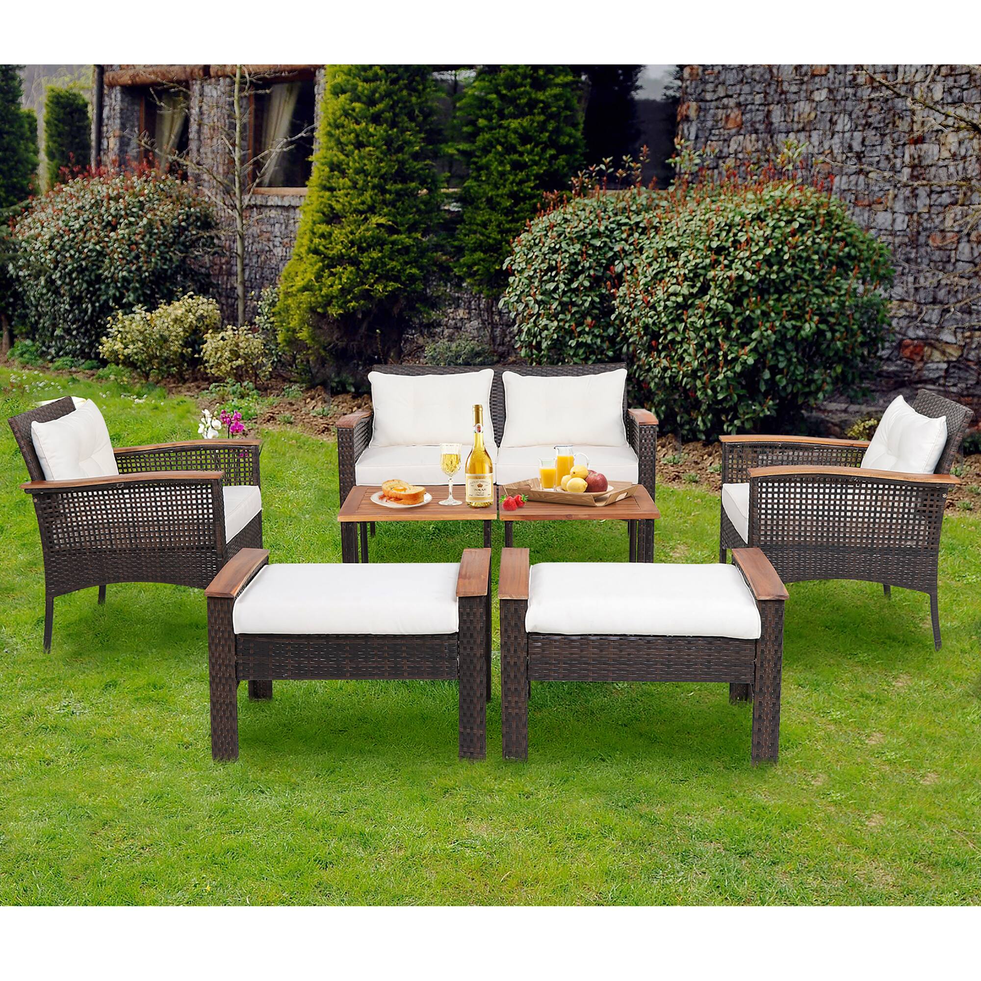 Gymax - 7PCS Patio Rattan Sofa Set Outdoor Wicker Conversation Set w/ Coffee Tables - Off White