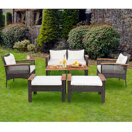 Gymax - 7PCS Patio Rattan Sofa Set Outdoor Wicker Conversation Set w/ Coffee Tables - Off White
