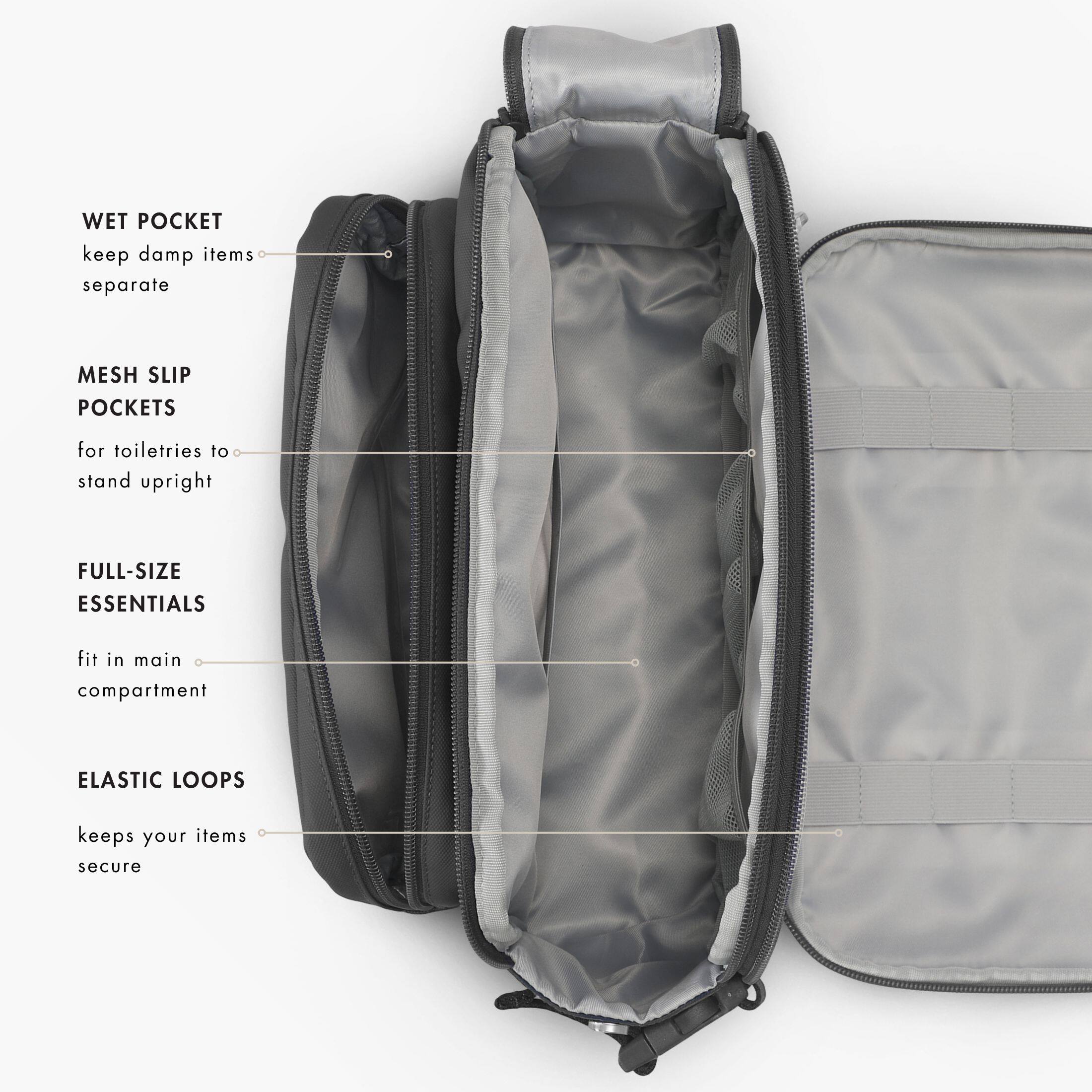 WET POCKET  
keep damp items separate

MESH SLIP POCKETS  
for toiletries to stand upright

FULL-SIZE ESSENTIALS  
fit in main compartment

ELASTIC LOOPS  
keeps your items secure
