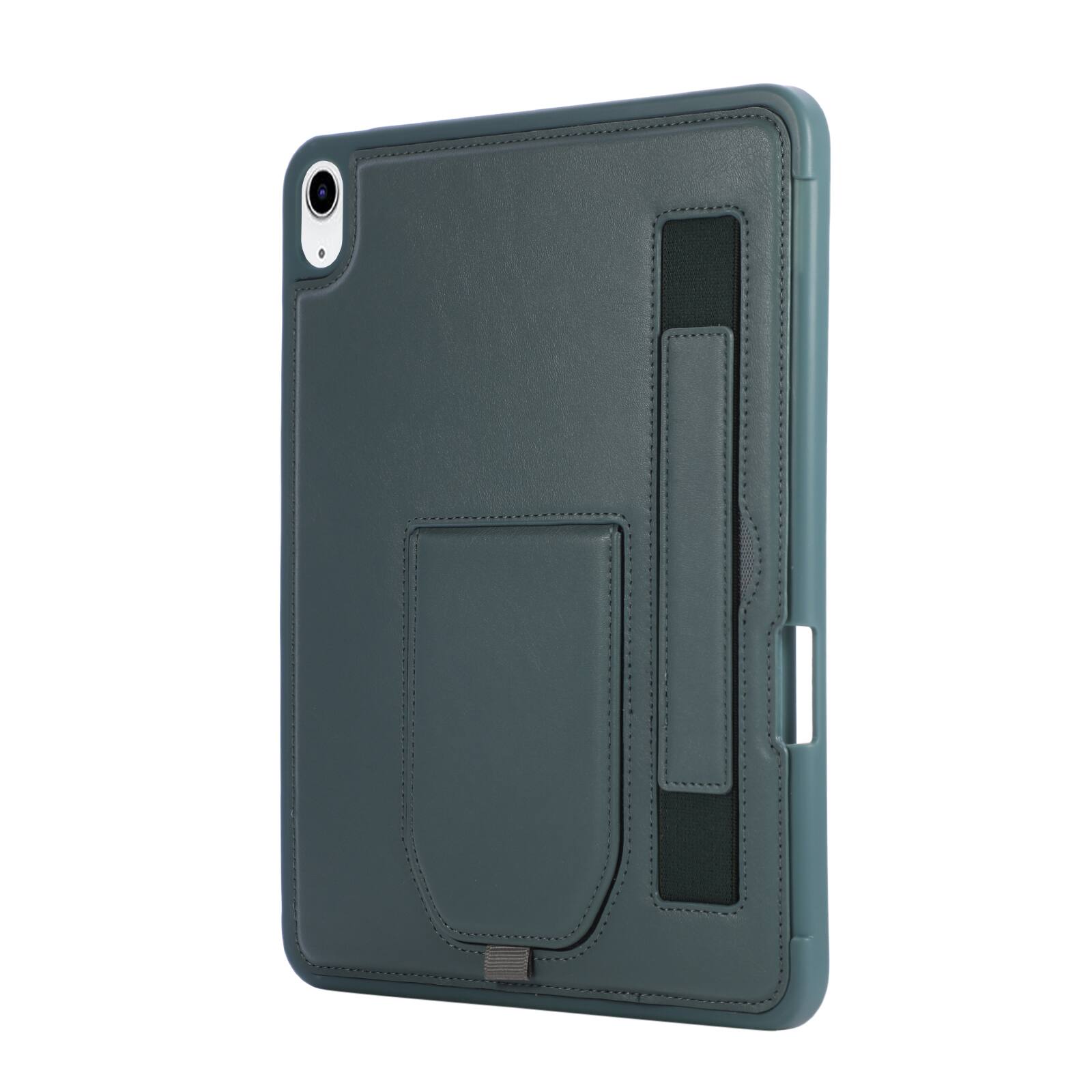 Left. Dteck - Shockproof Case for Apple iPad (A16) 11" 2025 with Hand Strap and Foldable Kickstand, PU Leather TPU Protective Cover - Darkgreen.