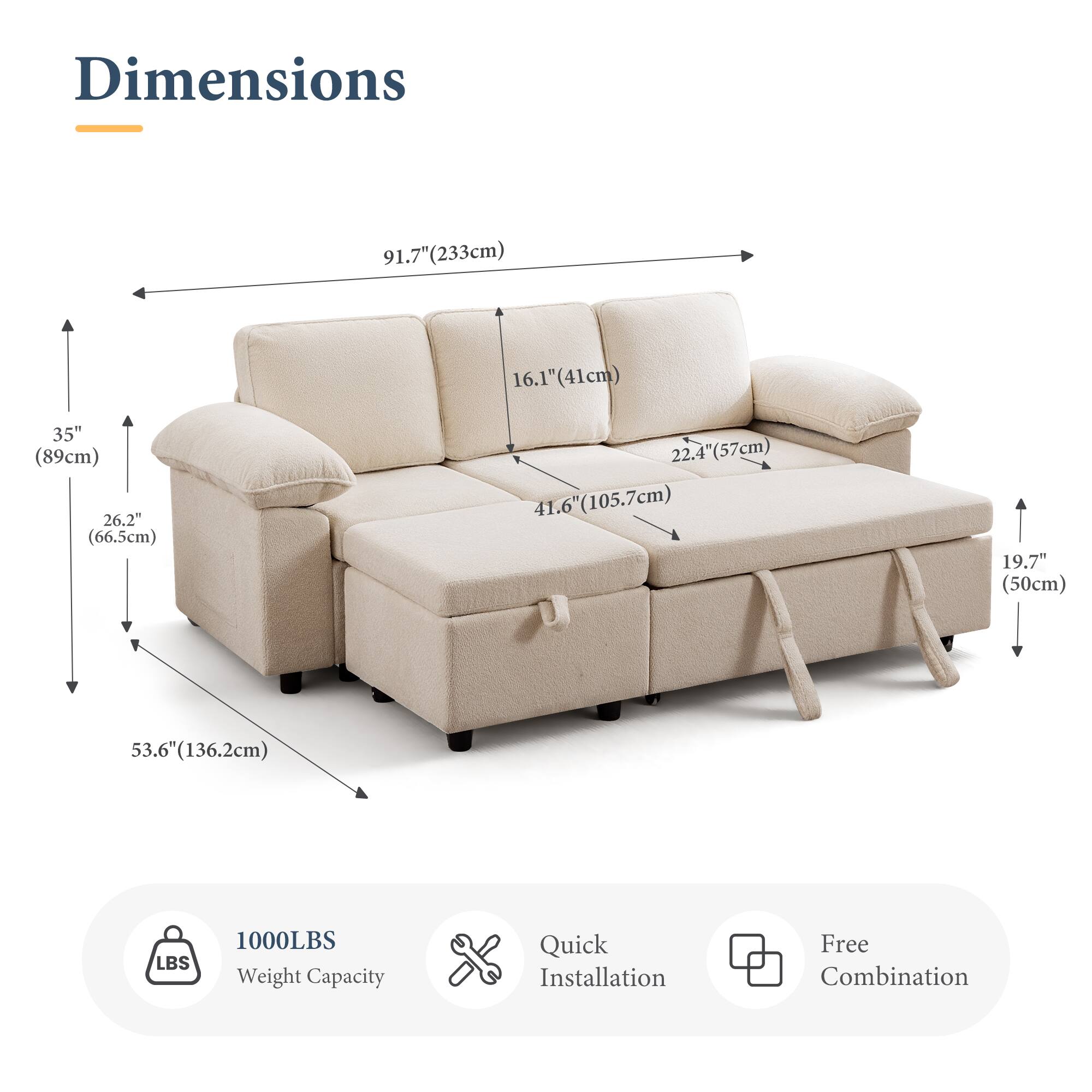 Dimensions: 91.7" (233cm) x 16.1" (41cm) x 35" (89cm) x 26.2" (66.5cm) x 22.4" (57cm) x 41.6" (105.7cm) x 19.7" (50cm) x 53.6" (136.2cm)

Weight Capacity: 1000LBS

Features: Quick Installation, Free Combination