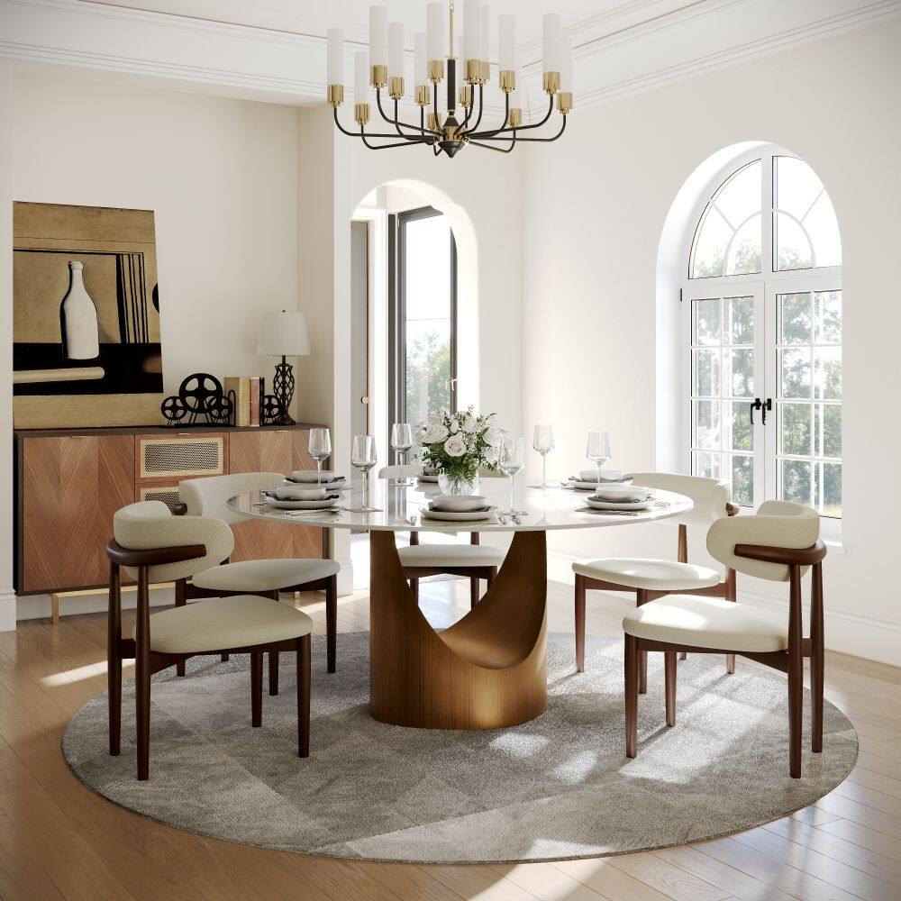 Left. POVISON - 59" Modern Round Dining Table for 6 White Glossy Sintered Stone Tabletop with Bronze U-shaped Steel Base - White Glossy Sintered Stone with Bronze Steel Base.